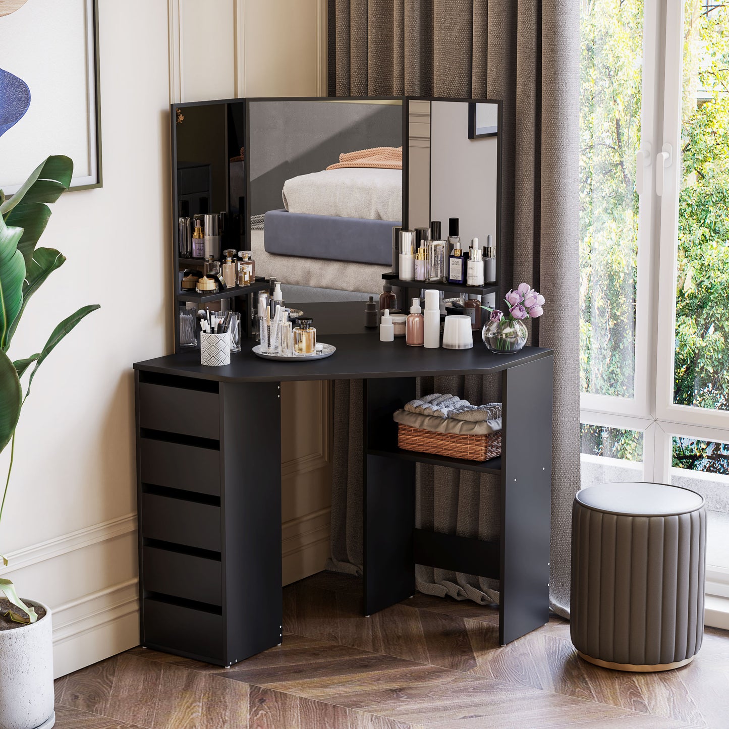HOMCOM Corner Vanity Desk with Mirror, Makeup Vanity Table with 5 Drawers and Open Shelves, Dressing Table with 3-piece Mirror for Bedroom, Black