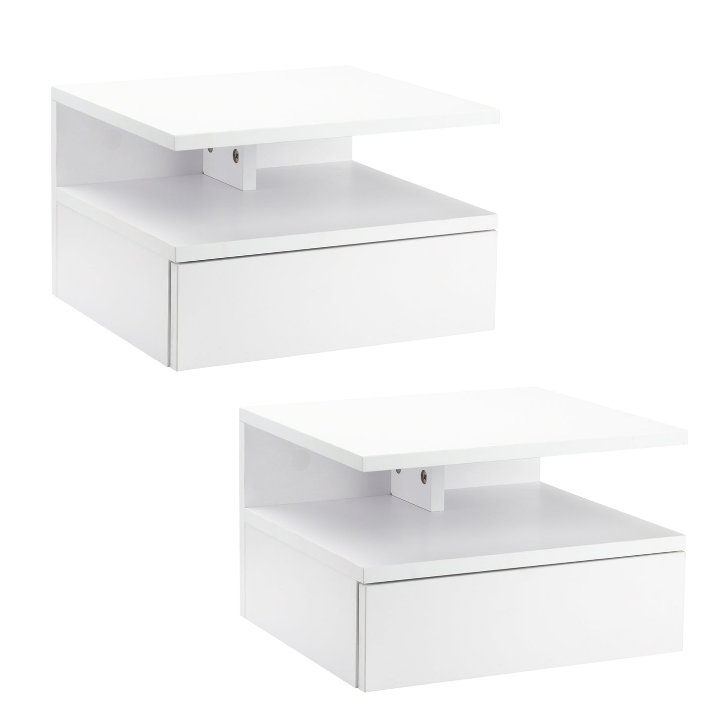 HOMCOM Set of Two Floating Bedside Tables with Drawer and Open Shelf for Bedroom, White