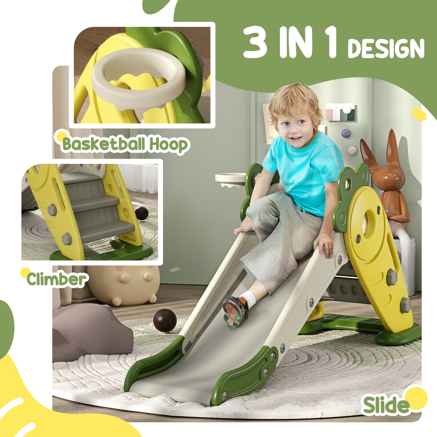 Qaba 3 in 1 Foldable Toddler Slide with Basketball Hoop, Climber, for 1-3 Years Old, Yellow