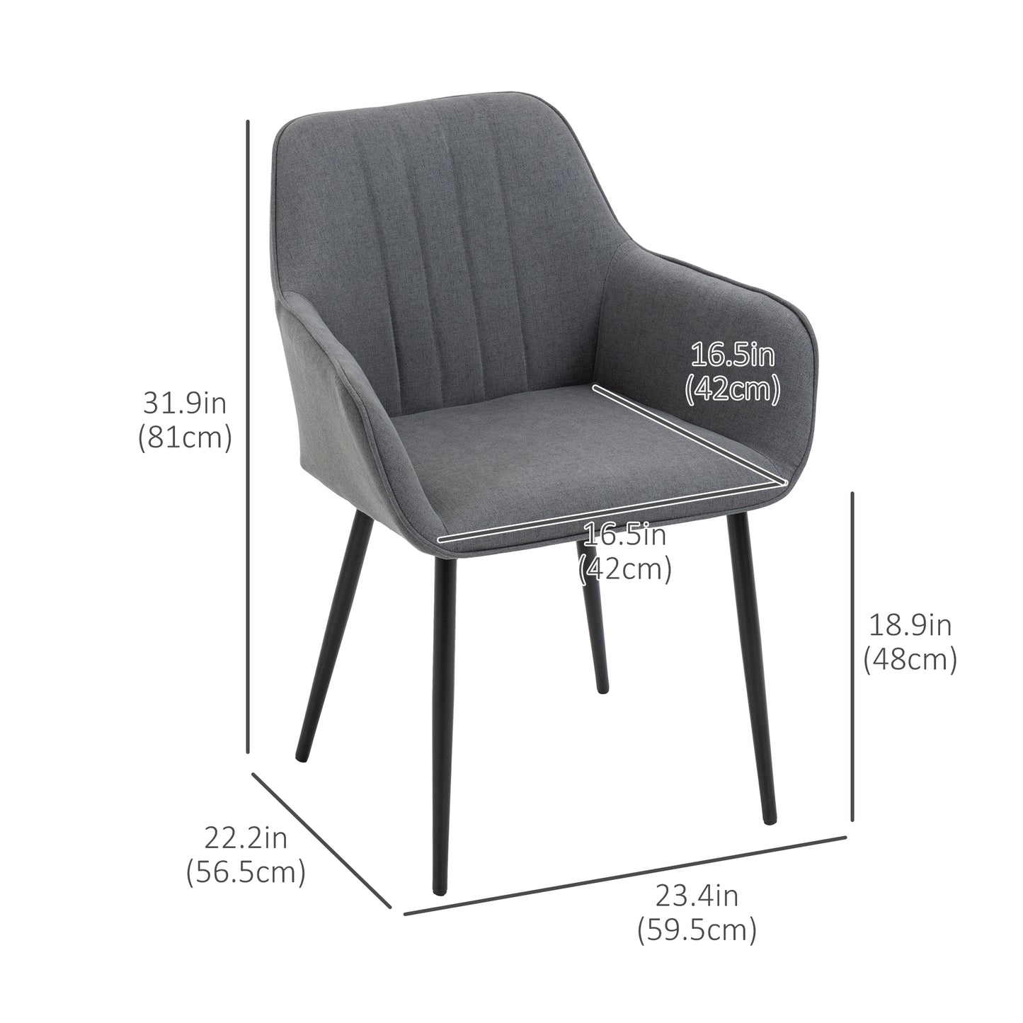 HOMCOM Dining Chairs Set of 2, Linen Upholstery Accent Chair with Back, Armrest, Metal Legs, Dark Grey