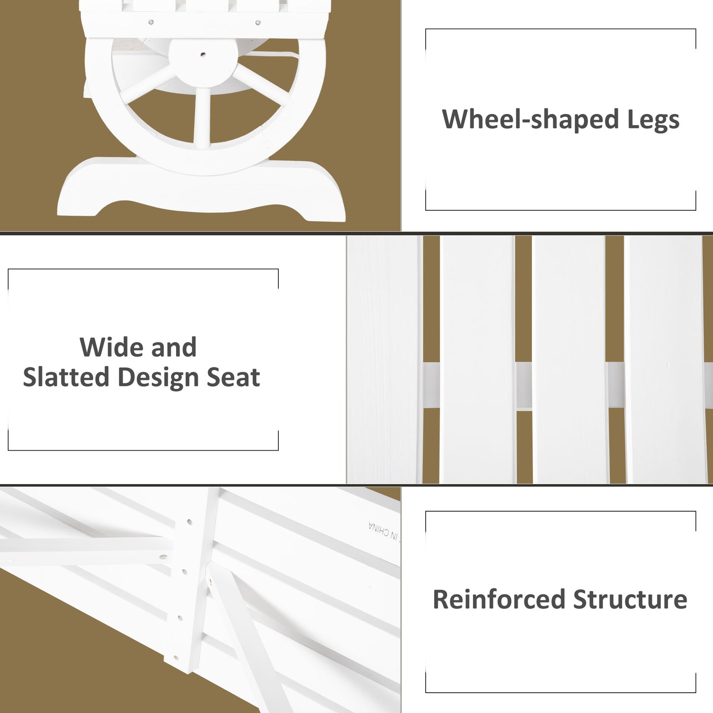 Outsunny Rustic Wood Wheel Outdoor Garden Bench for 2-Person with a Unique Wheel Design on the Legs & Strong Build, White