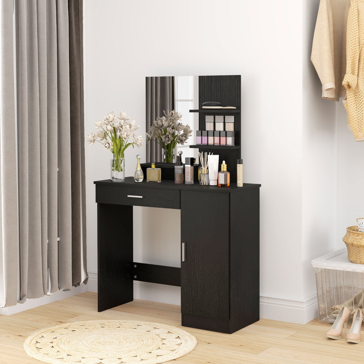 HOMCOM Dressing Table, Vanity Table with Mirror, Drawer and Storage Shelves for Bedroom, 35.4" x 15" x 54.3", White