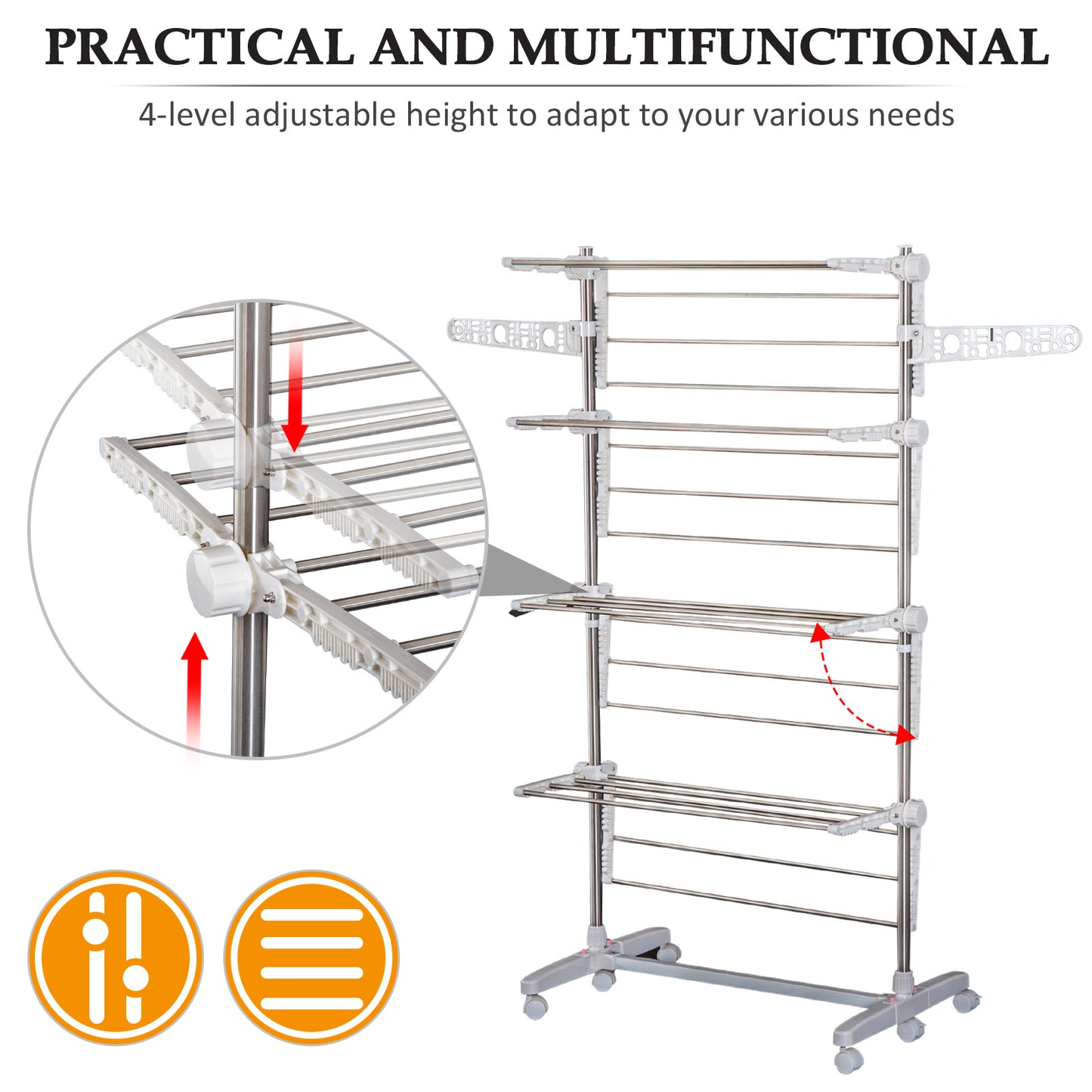 HOMCOM 3-Tier Foldable Clothes Drying Rack, Stainless Steel Laundry Rack with 2 Side Wings and 6 Castors, Collapsible Adjustable Clothes Airer for Indoor Outdoor, White
