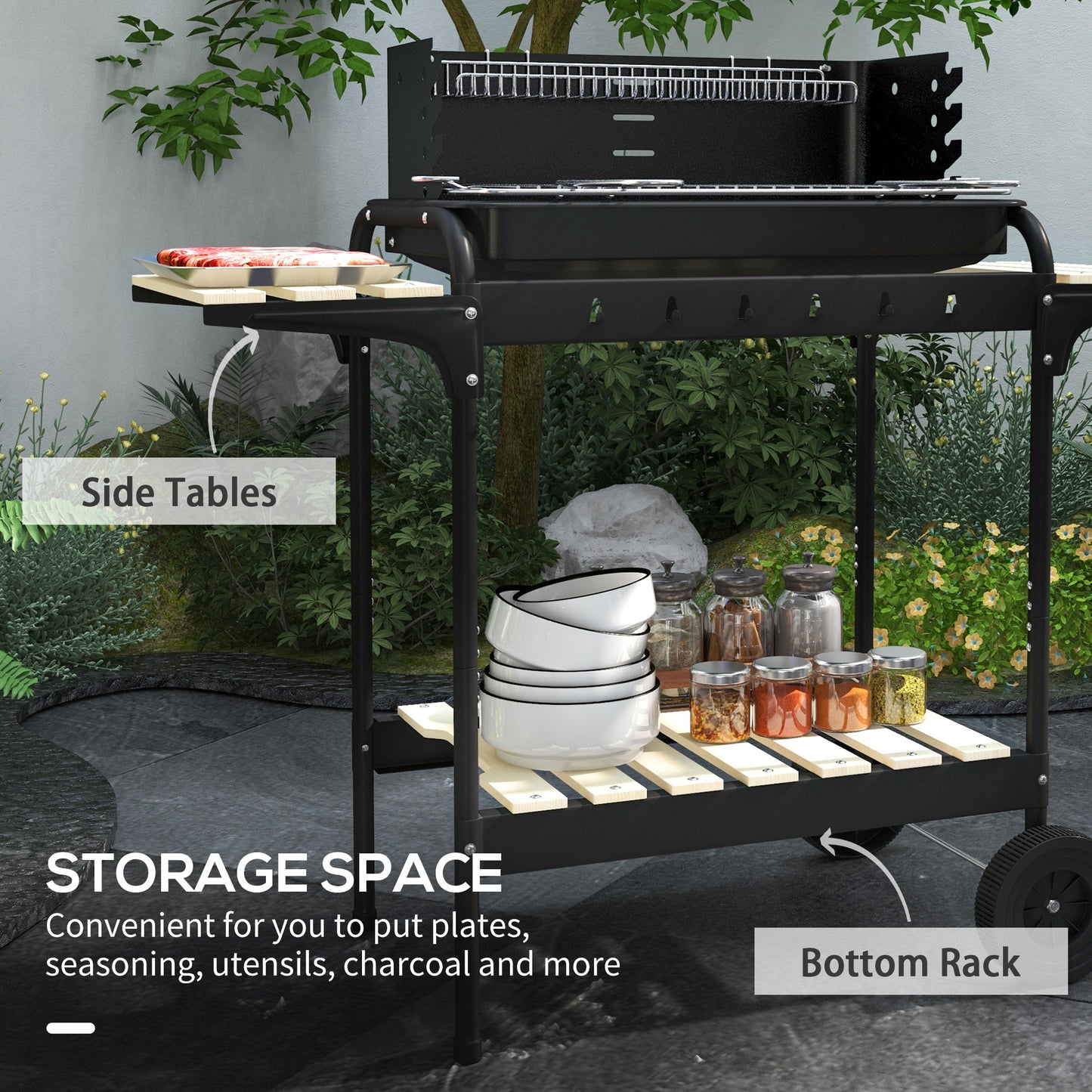 Outsunny Charcoal Barbecue Grill with Adjustable Grill Height, Portable BBQ Trolley with Ash Catcher and Wheels, Black