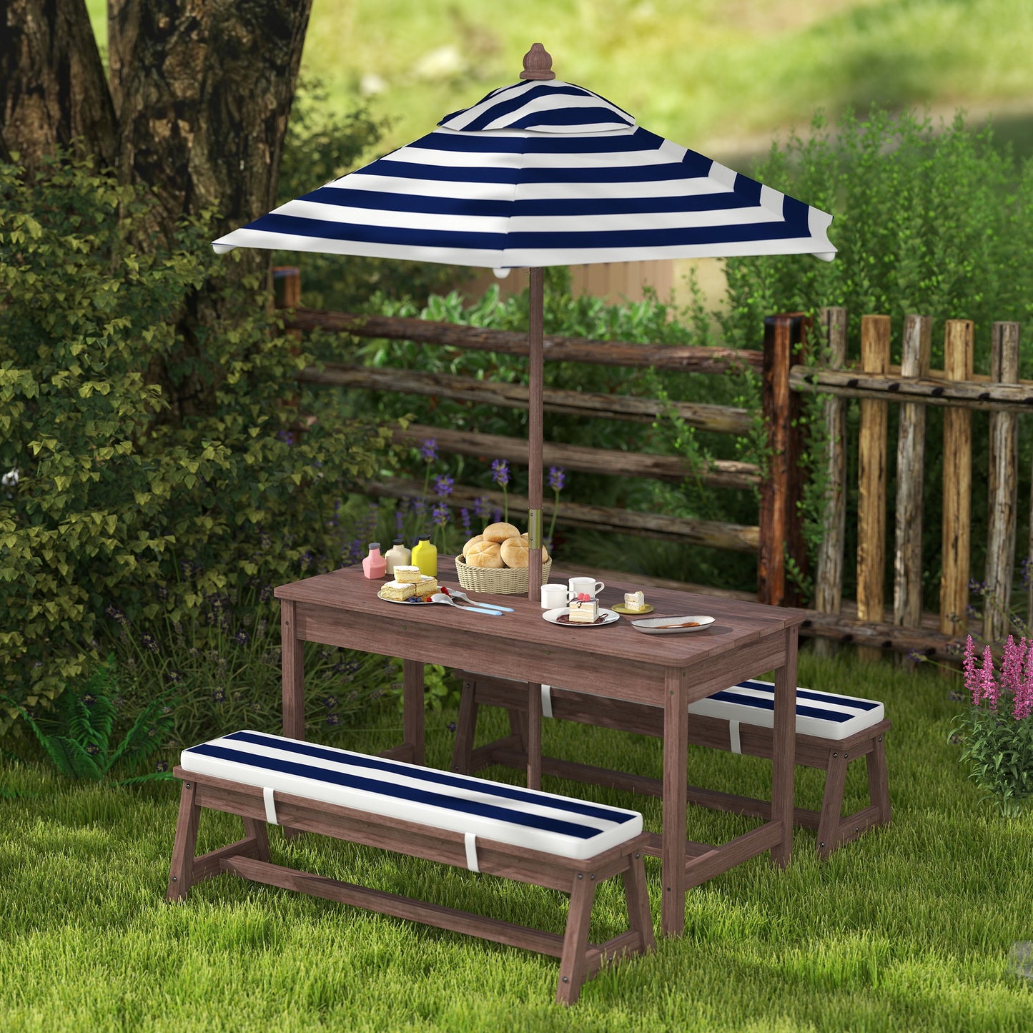 Qaba Wooden Kids Picnic Table & Bench Set with Removable Umbrella, Cushions, for Garden, Backyard, Patio, Navy Blue