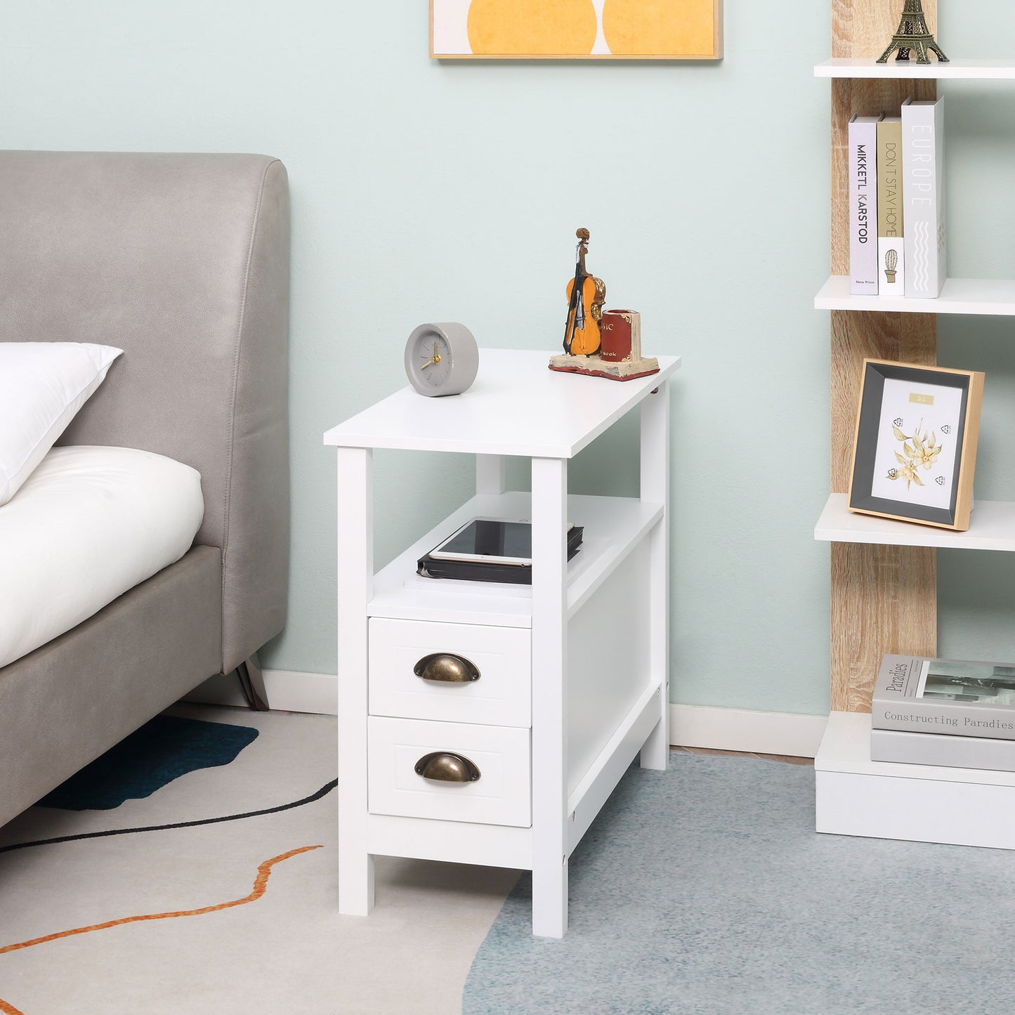 HOMCOM Slim End Table with 2 Drawers and Storage Shelf, Sofa Side Table for Living Room, Narrow Nightstand, White