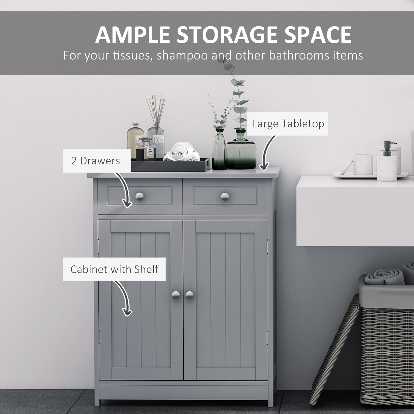 kleankin Freestanding Bathroom Floor Cabinet, Organizer Floor Tower with 2 Door, 2 Drawers, Adjustable Shelf, Grey