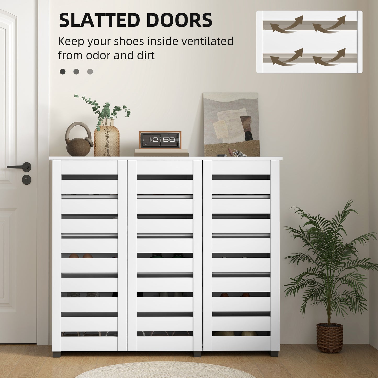 HOMCOM Narrow Shoe Cabinet with Slatted Doors, Adjustable Shelves for 20 Pairs of Shoes, Shoe Cabinet for Entryway, Dark Brown