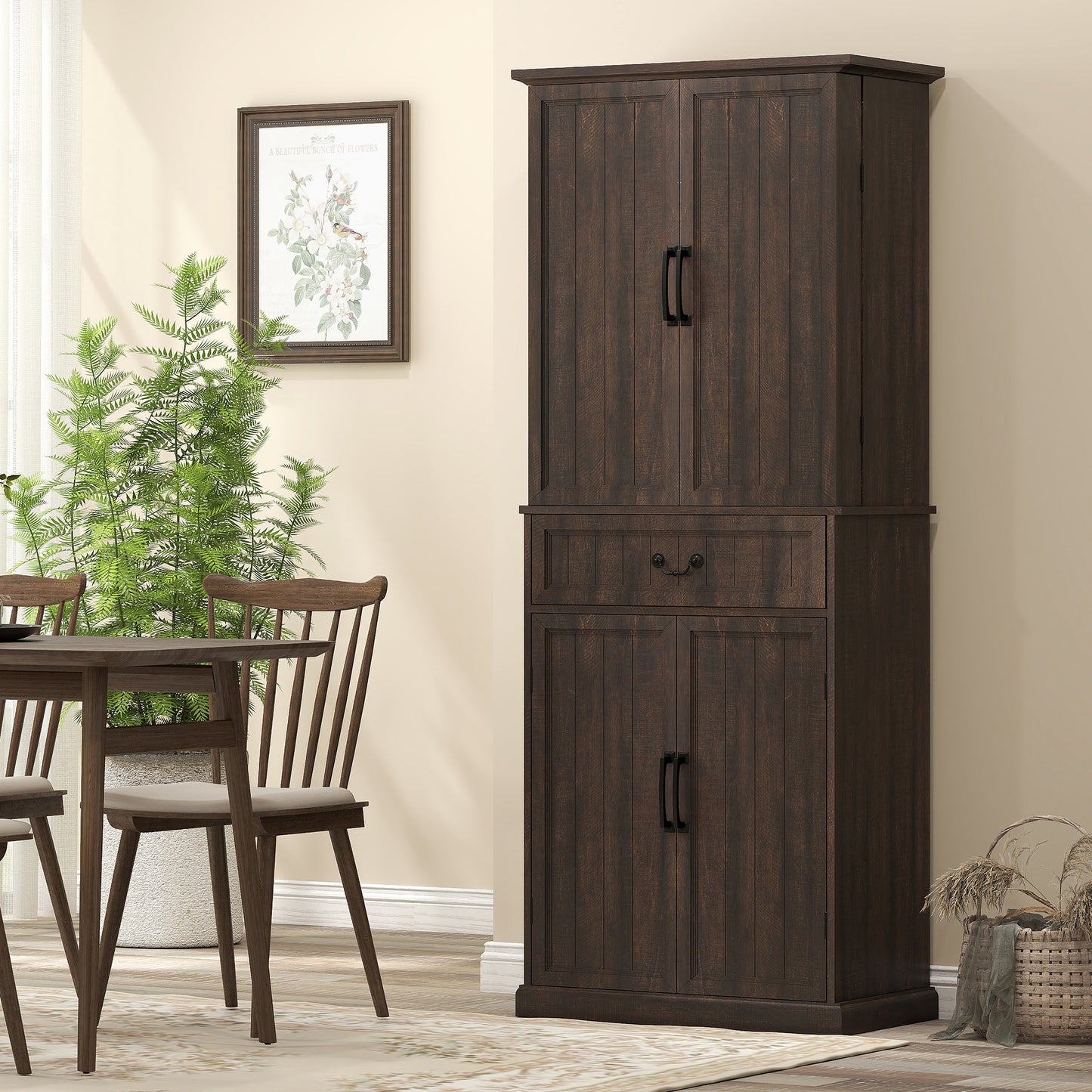 HOMCOM 71" LED Kitchen Pantry Cabinet, Farmhouse Storage Cabinet with Door Shelves, Distressed Brown