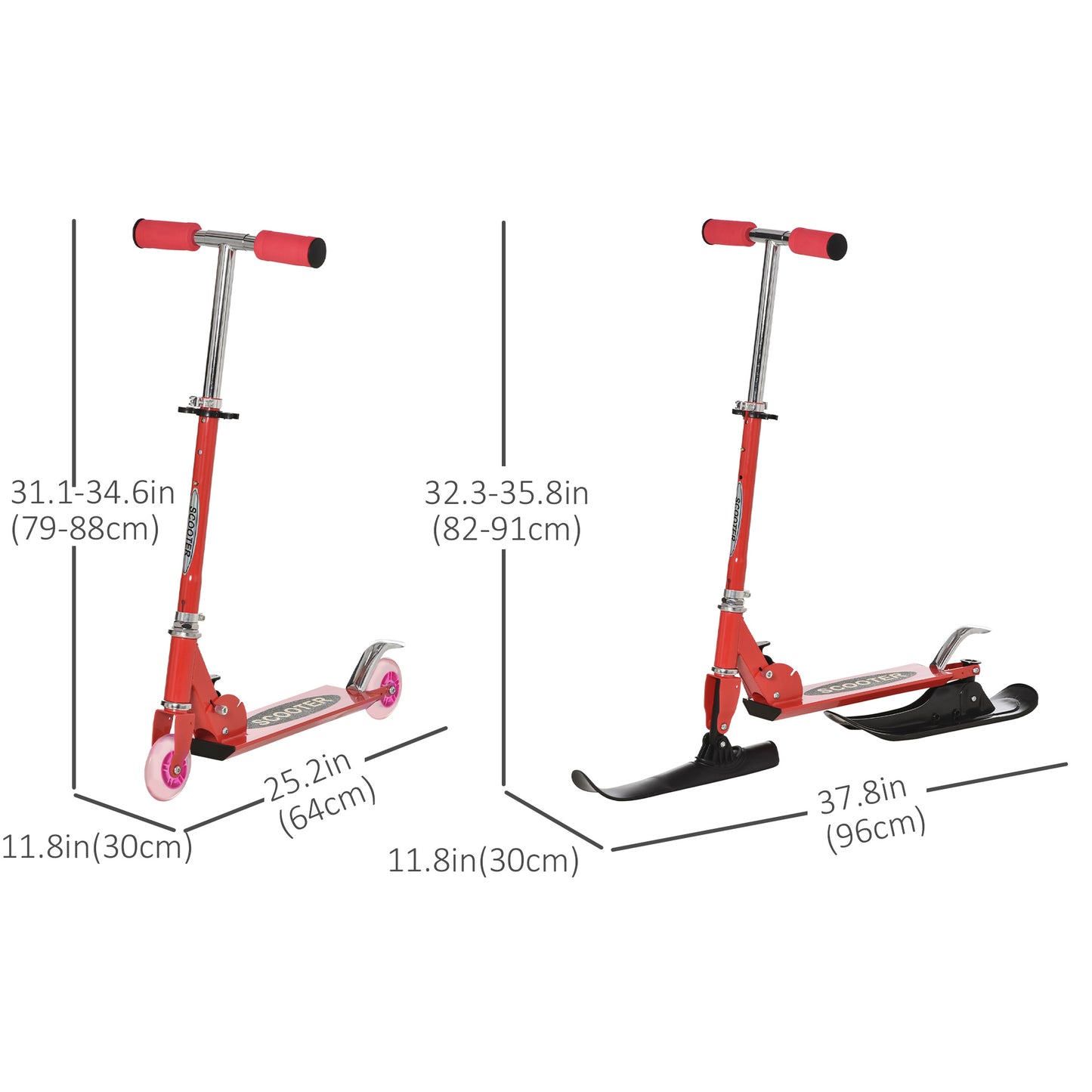 Qaba Snow Scooter, 2 in 1 Design Adjustable Height Scooter Snow Sled for Kids Aged Over 7 Years Old, Kids Sled Ski Scooter with Wheels Blades, Green