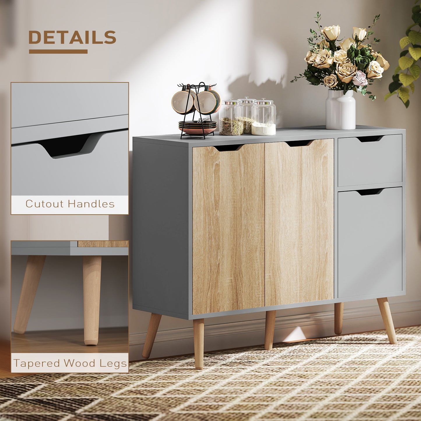 HOMCOM 35" Sideboard Storage Cabinet with Drawer, White and Grey