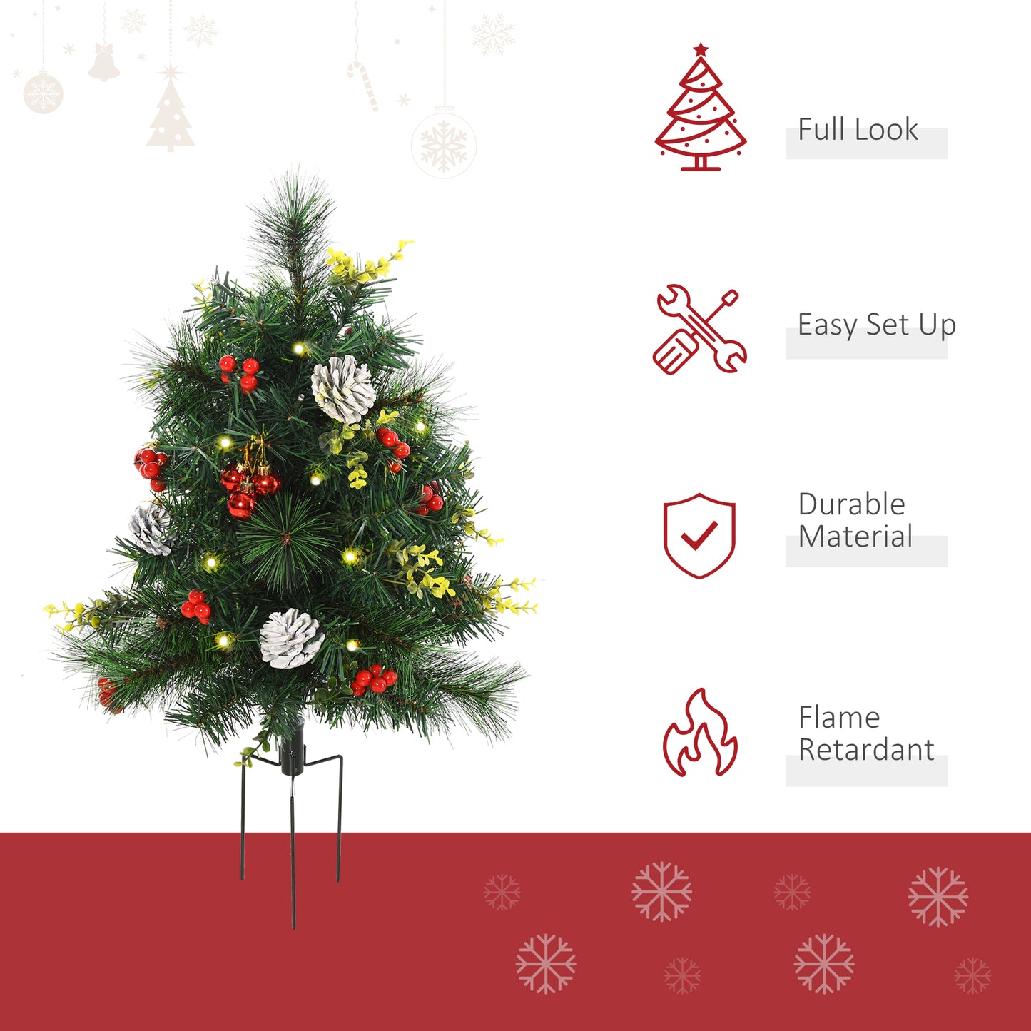HOMCOM 2.5ft 2 Pieces Prelit Artificial Christmas Tree with LED Light Mini Xmas Tree with Small Berry Pine Needles Pinecones Decorations for Garden
