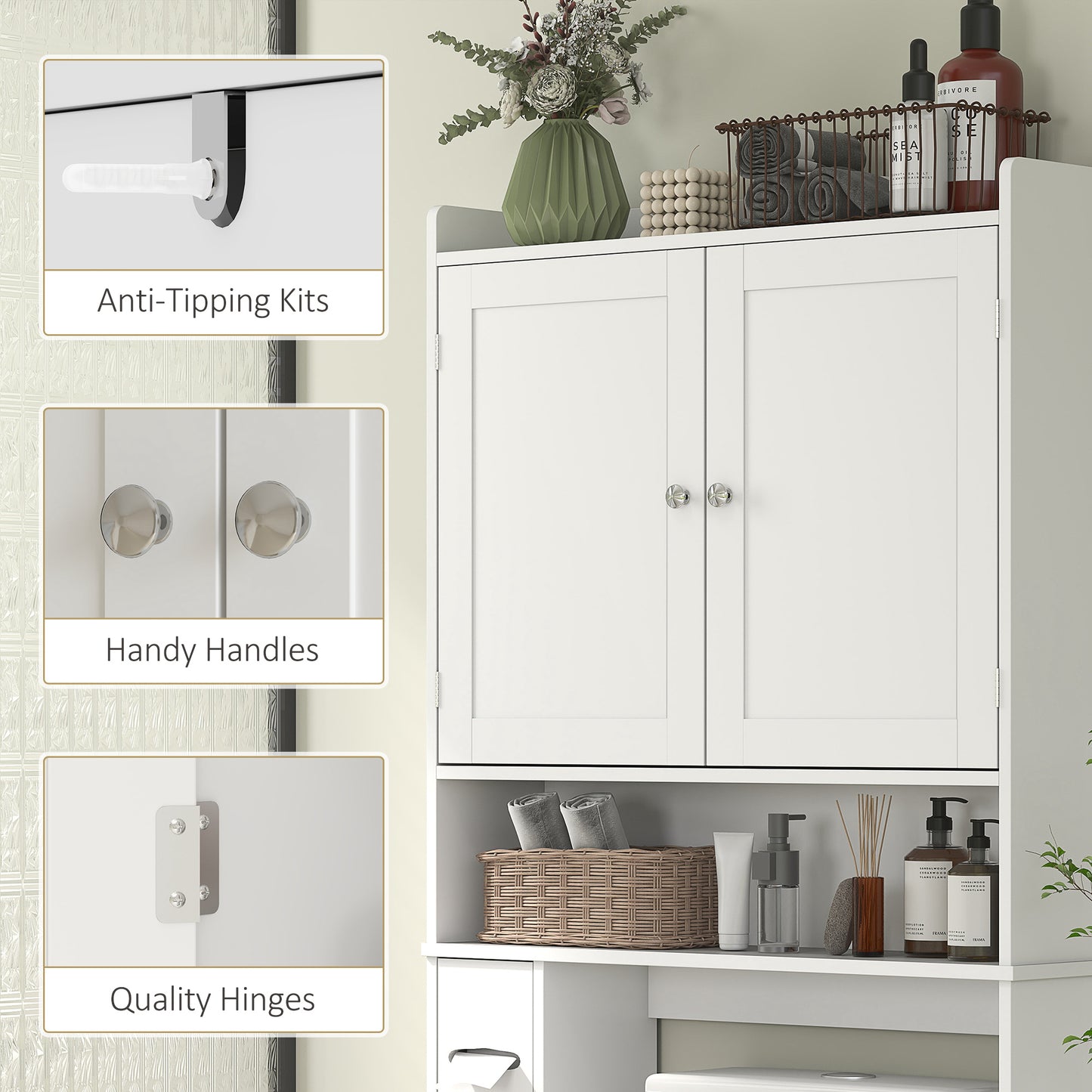 HOMCOM Modern Over the Toilet Storage Cabinet with 2 Doors, Above Commode Storage Cabinet with Toilet Paper Holder, Grey