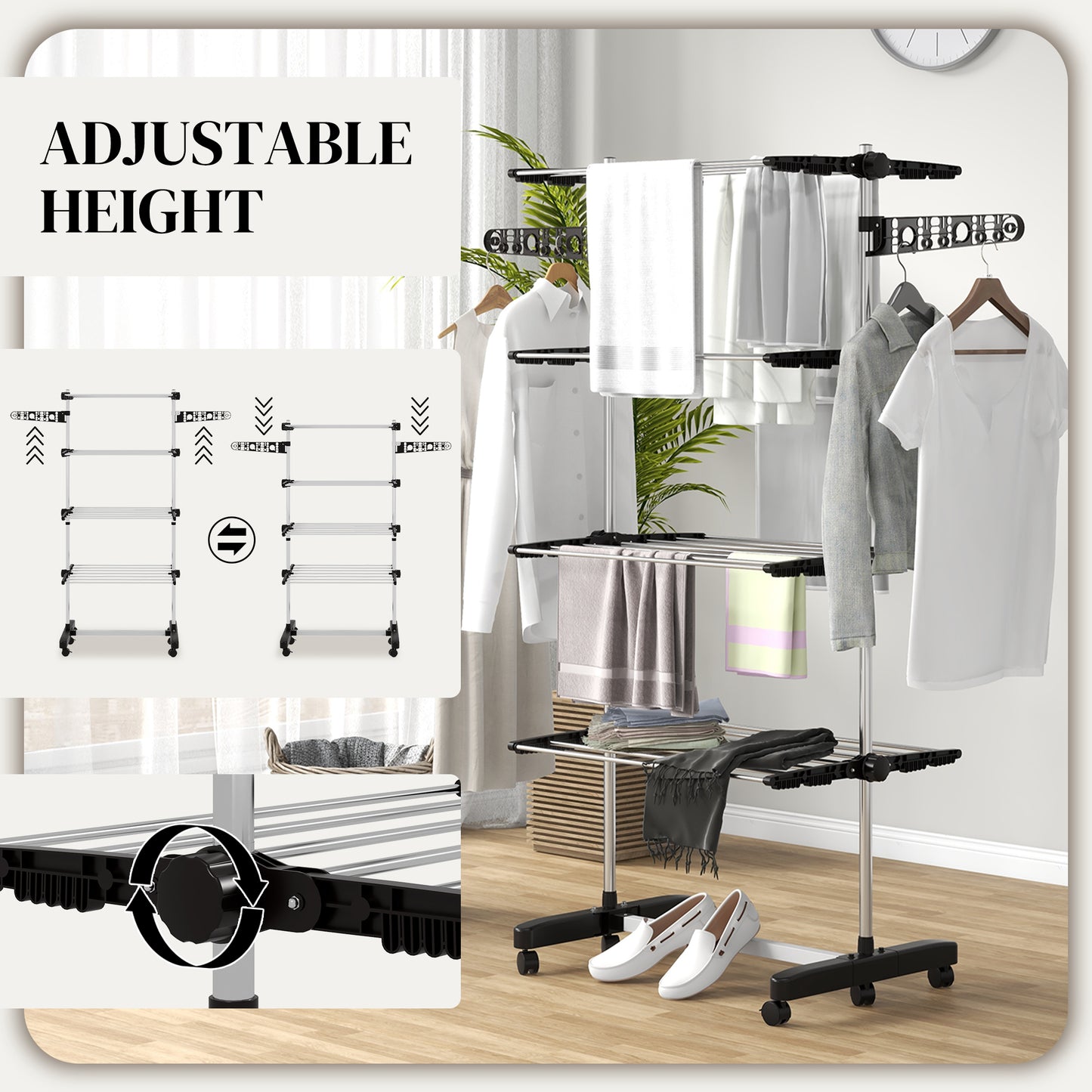 HOMCOM Garment Drying Rack Stainless Steel Folding Clothes Hanging Rack with Side Wings Castors for Indoor Outdoor Grey