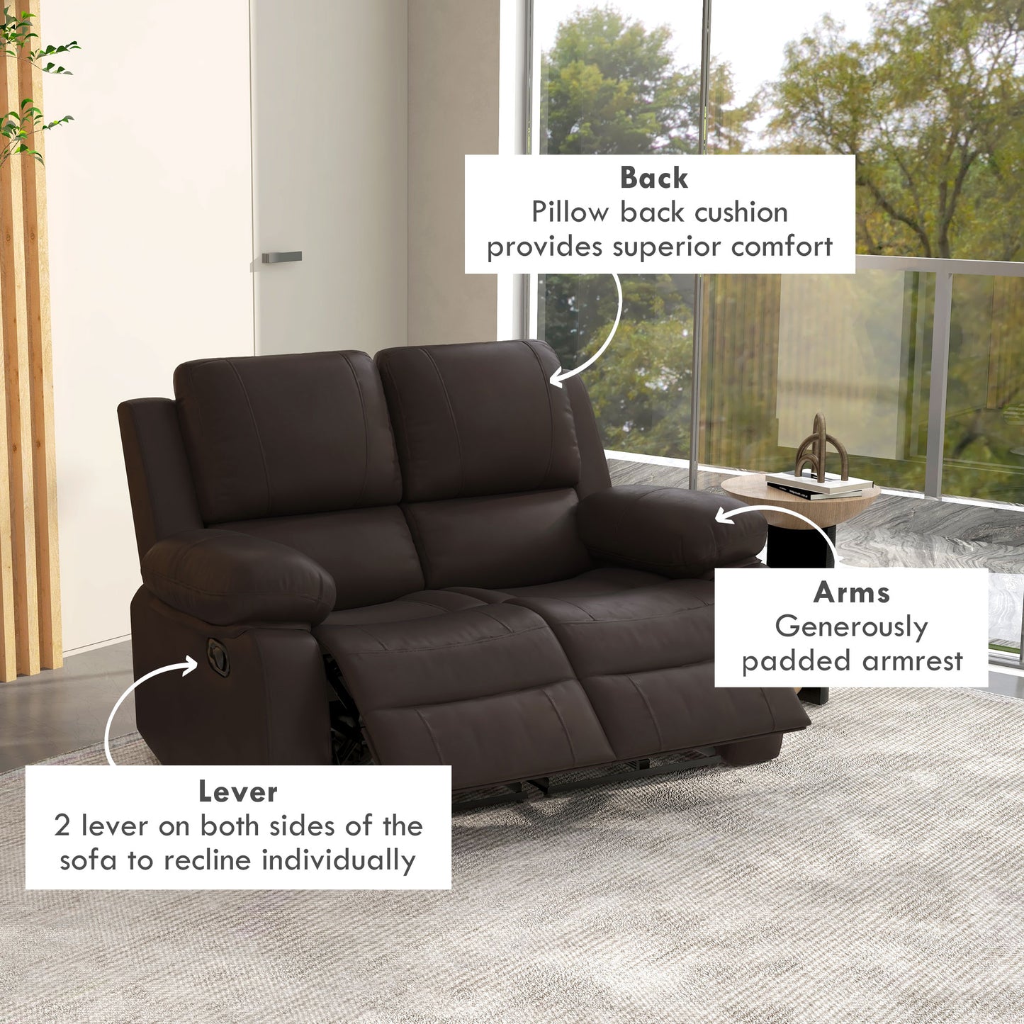 HOMCOM Double Reclining Loveseat, PU Leather Manual Recliner Sofa Chair with Pullback Control Footrest for Living Room, Black