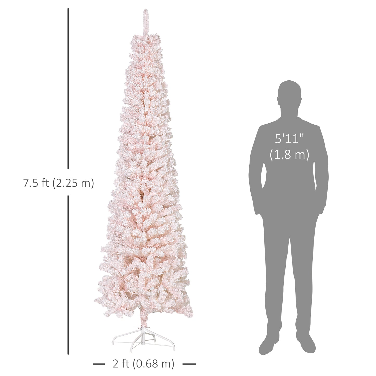 HOMCOM 7.5ft Flocked Christmas Tree, Pencil Christmas Tree with Realistic Branch Tips, Folding Metal Stand, Green