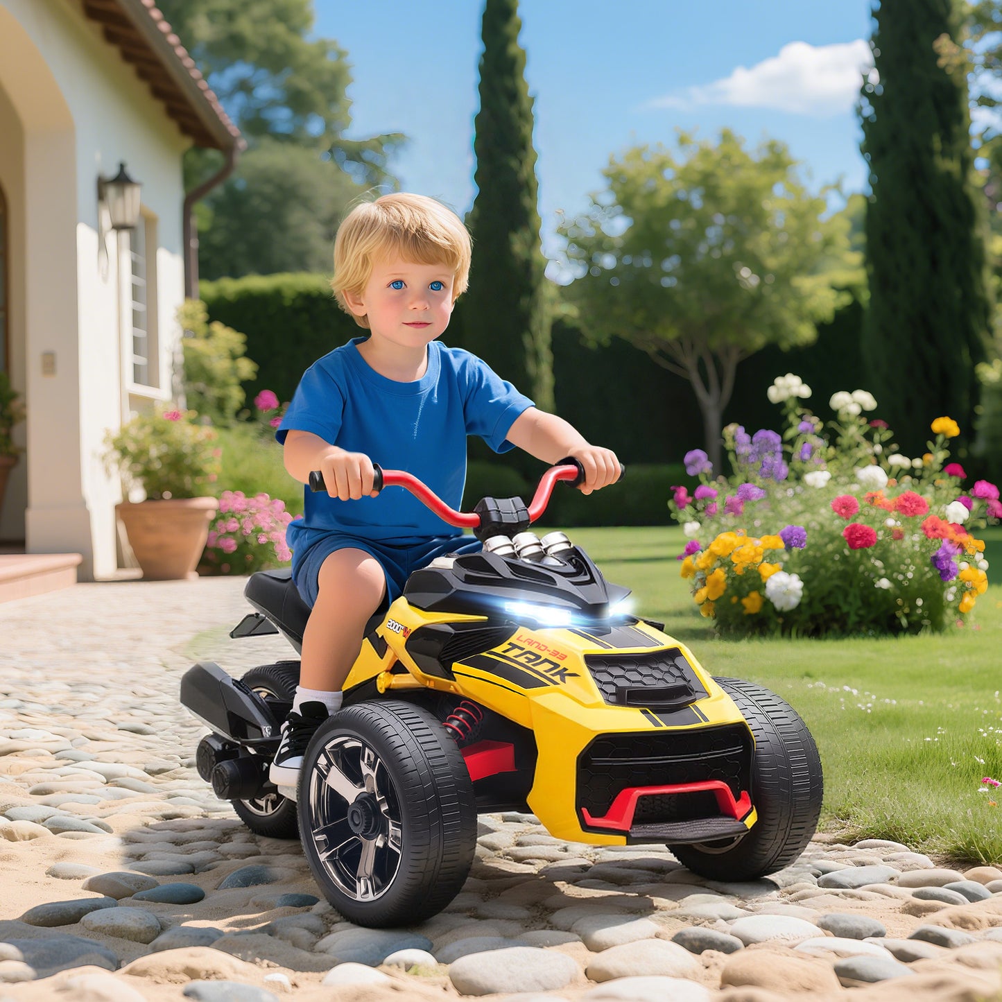 Qaba 12V Kids Ride On ATV with MP3 Player, Music, Horn, 2 Speeds, LED Lights, Gift for Boys & Girls Ages 3-8, Yellow