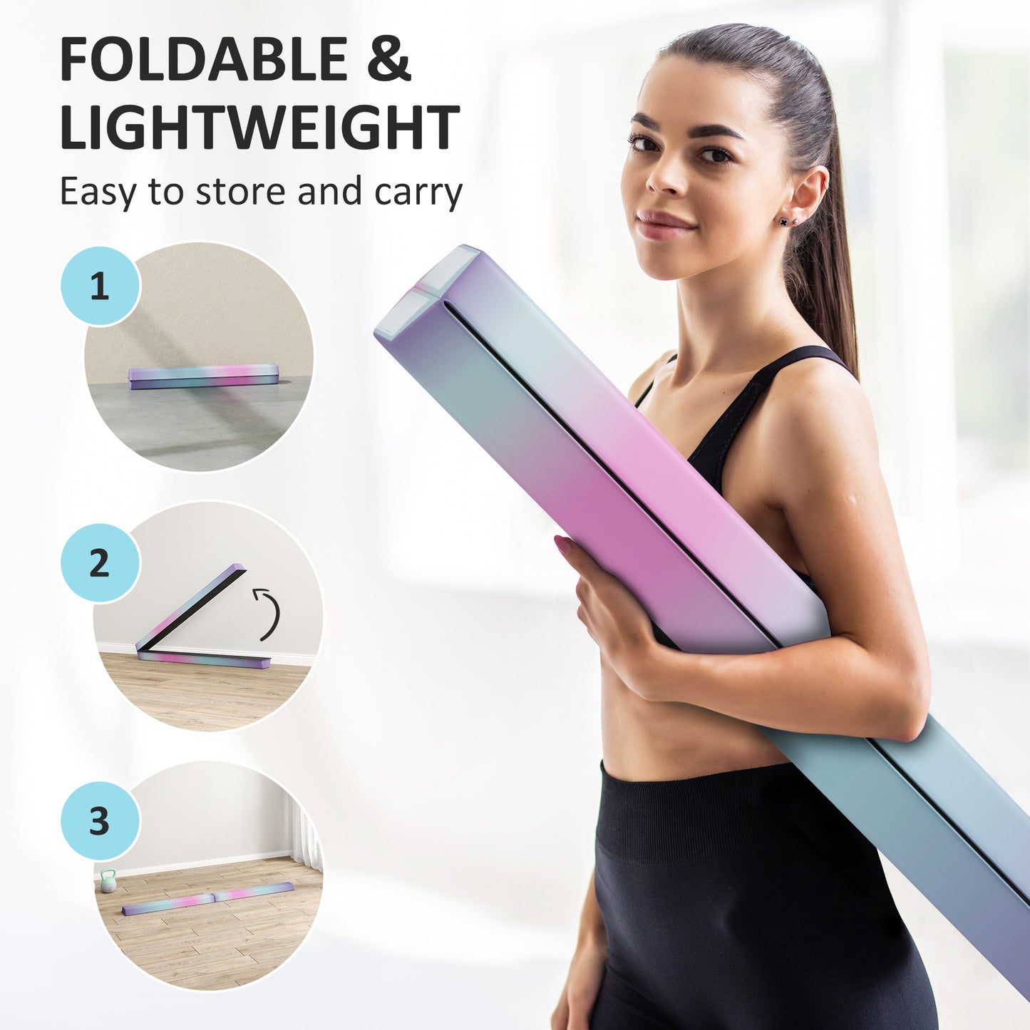Soozier 7.7ft Folding Balance Beam, Gymnastics Equipment with Anti-Slip Bottom for Kids Home Training, Multicolour