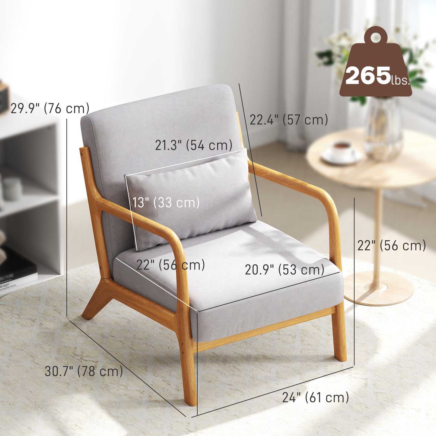 HOMCOM Armchair Upholstered Lounge Chair with Rubber Wood Frame Throw Pillows and Comfortable Cushion, White