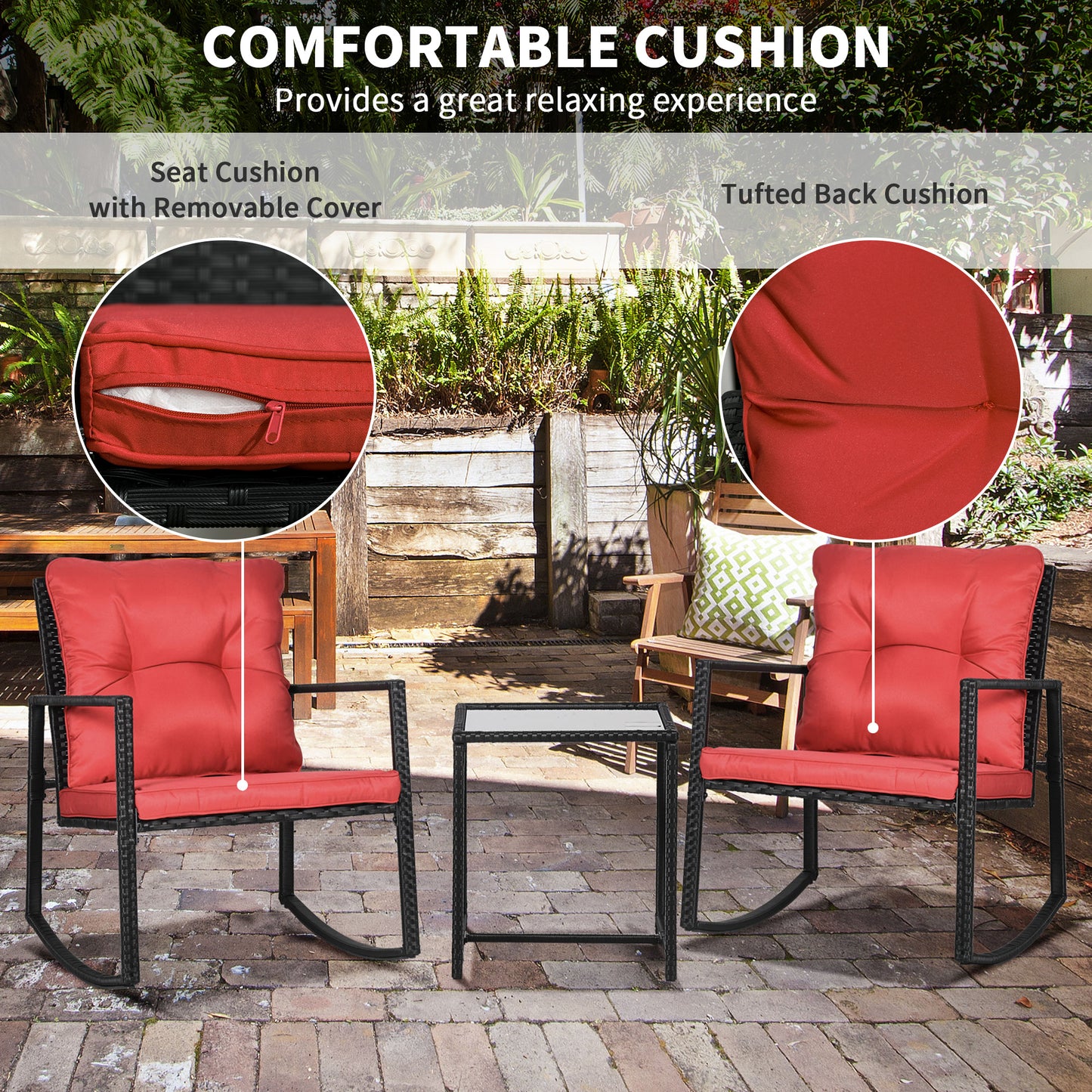 Outsunny 3 Pieces Rocking Bistro Set, Outdoor Wicker Patio Furniture with Glass Coffee Table and Outside Rocking Chairs for Porch, Conversation Sets with Thick Cushions, Blue