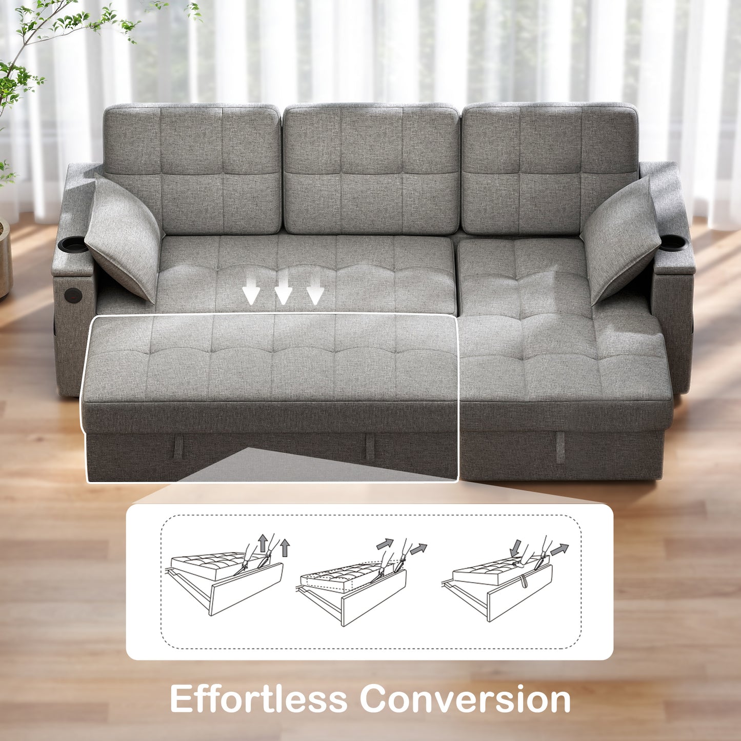 HOMCOM Convertible Sectional Sofa Bed, Pull Out Sleeper Sofa Couch with USB‑A+C, Chaise Storage, L-Shaped Futon Couch, Grey