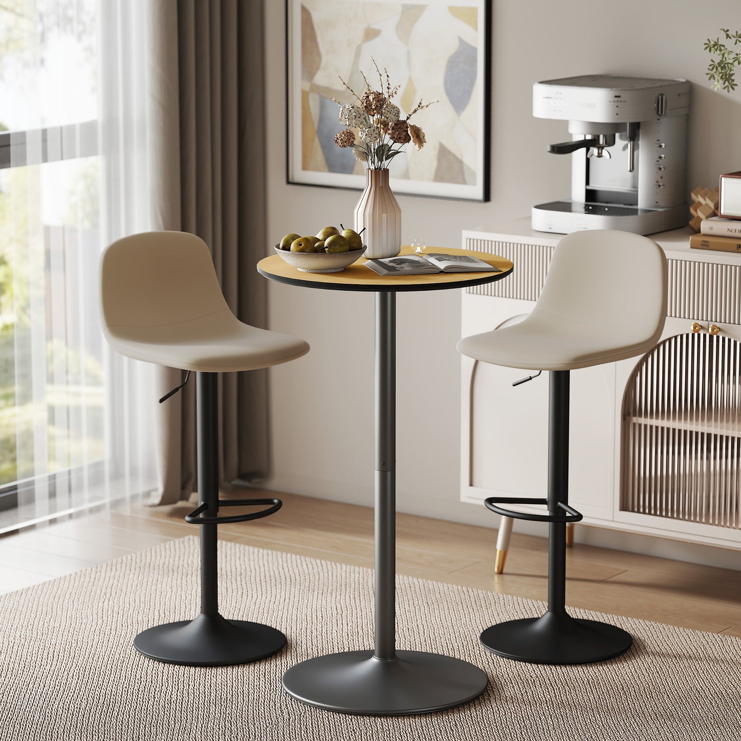 HOMCOM Round Table for 2, 40.2 Inch Bar Height Pub Table with Steel Frame, Non-Slip Base for Living Room, Kitchen, Natural Wood