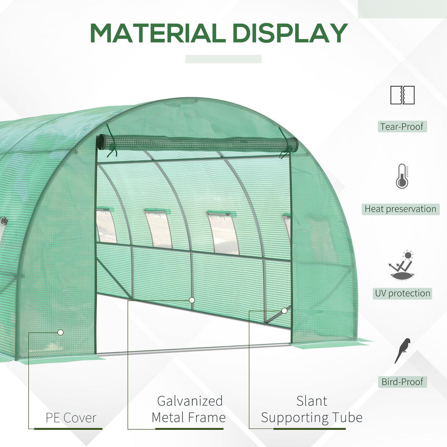 Outsunny Walk-in Tunnel Greenhouse, 13 x 6.4 x 6.5 ft Hoop House with Zipped Roll-Up Door and 8 Mesh Windows, Outdoor Greenhouse with Galvanised Steel Frame, Green