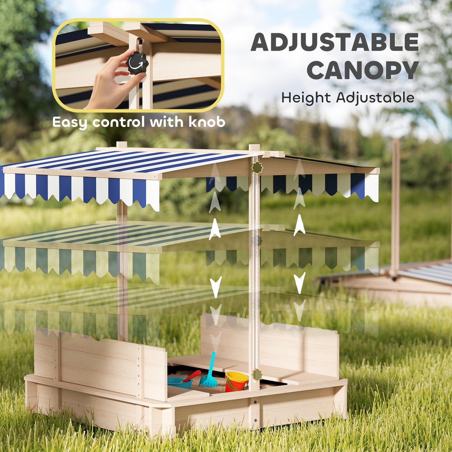 Outsunny Kids Wooden Sandbox Outdoor Backyard Playset Children Play Station w/ Adjustable Canopy & Convertible Bench Sand for 3-7 Years Old