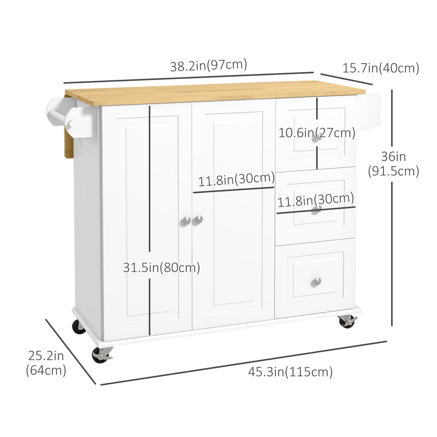 HOMCOM Kitchen Island with Drop Leaf, Rolling Kitchen Cart on Wheels with 3 Drawers, Cabinet, Natural Wood Top, Spice Rack and Towel Rack, White