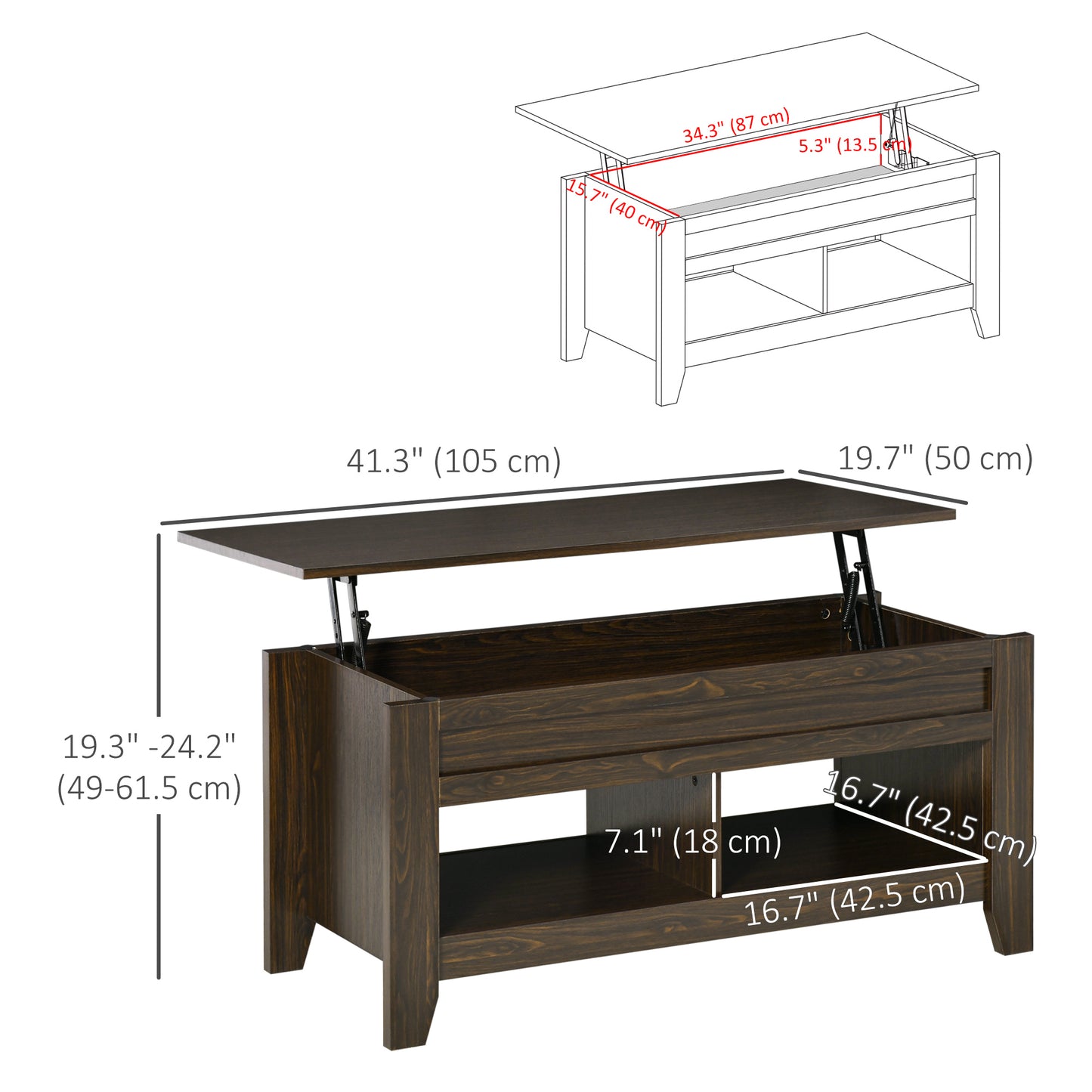 HOMCOM Lift Top Coffee Table with Hidden Storage Compartment and Open Shelves, Lift Tabletop Pop-Up Center Table for Living Room, White