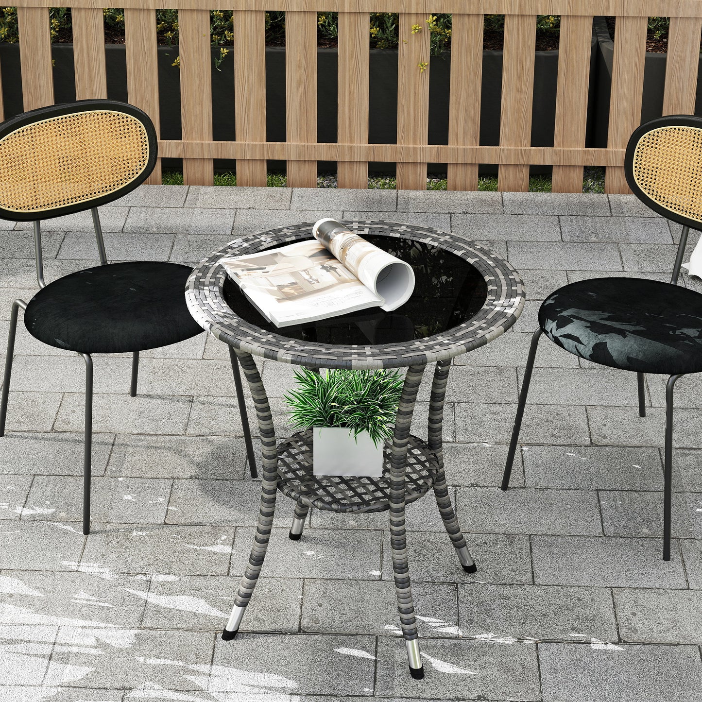 Outsunny Outdoor Rattan Dining Table, Patio Wicker Round Coffee Table with 2-Tier Storage Shelf, Brown