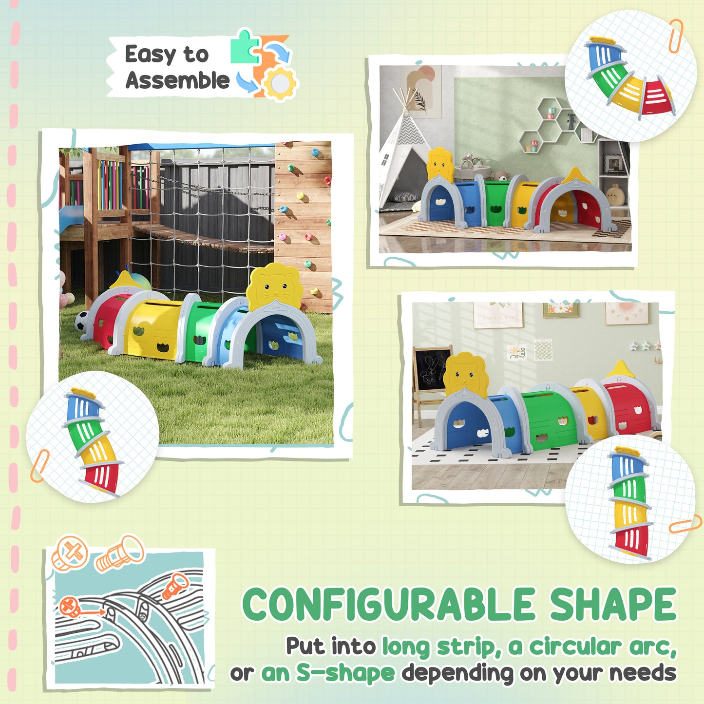 Qaba Lion Design Tunnel for Kids to Crawl Through, for 3-6 Years, Multicoloured