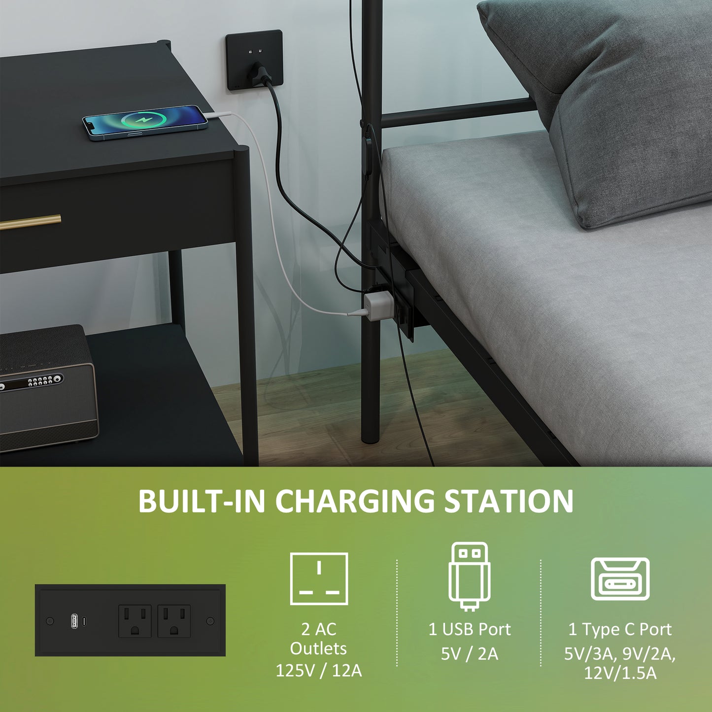 HOMCOM Full Bed Frame with LED Lights and Charging Station, Metal Platform Bed Frame with Under Bed Storage, Black