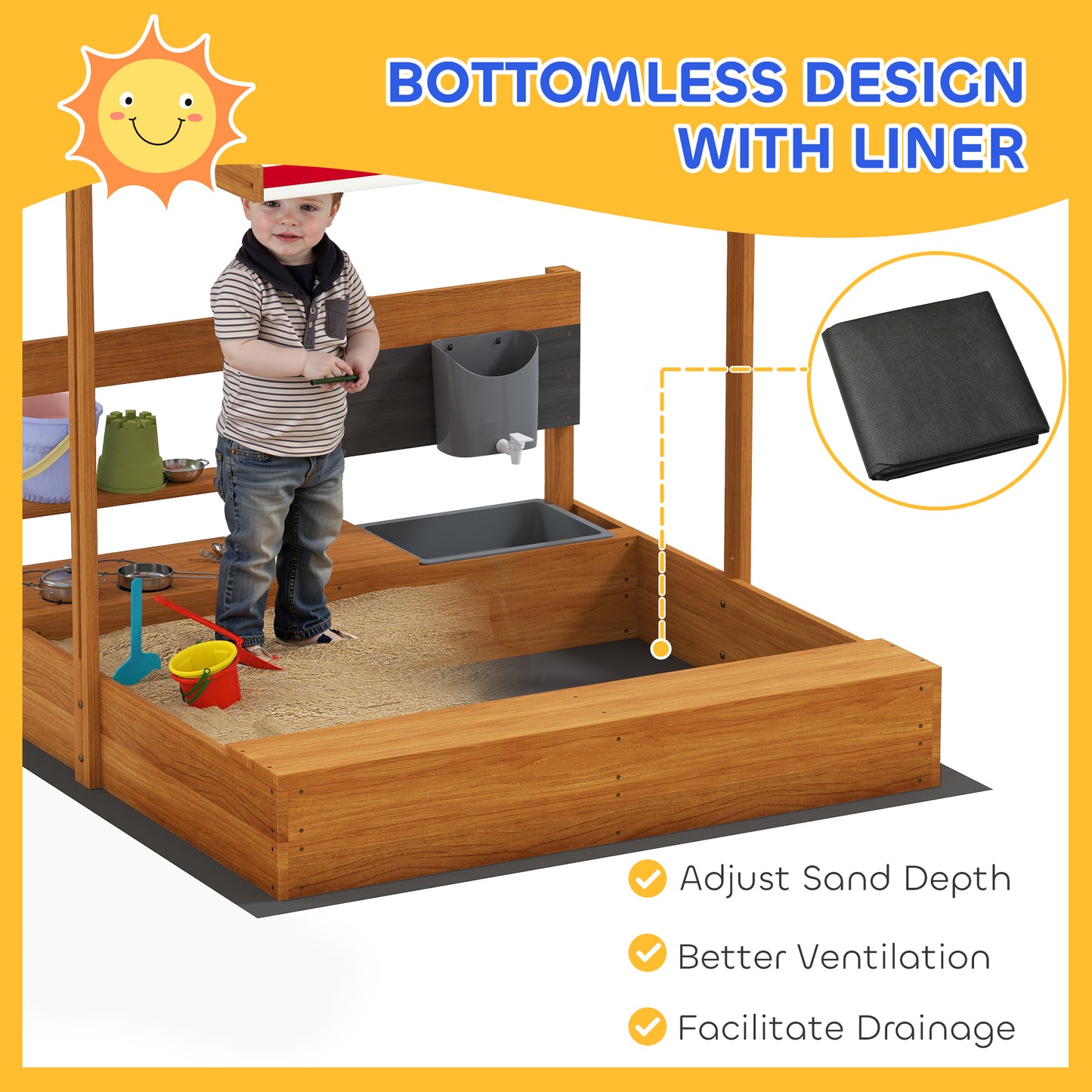 Outsunny Kids Sandbox with Cover Kitchen Playset Toys, Wooden Sand Box with Seat, Storage, for 3-7 Years Old, Grey