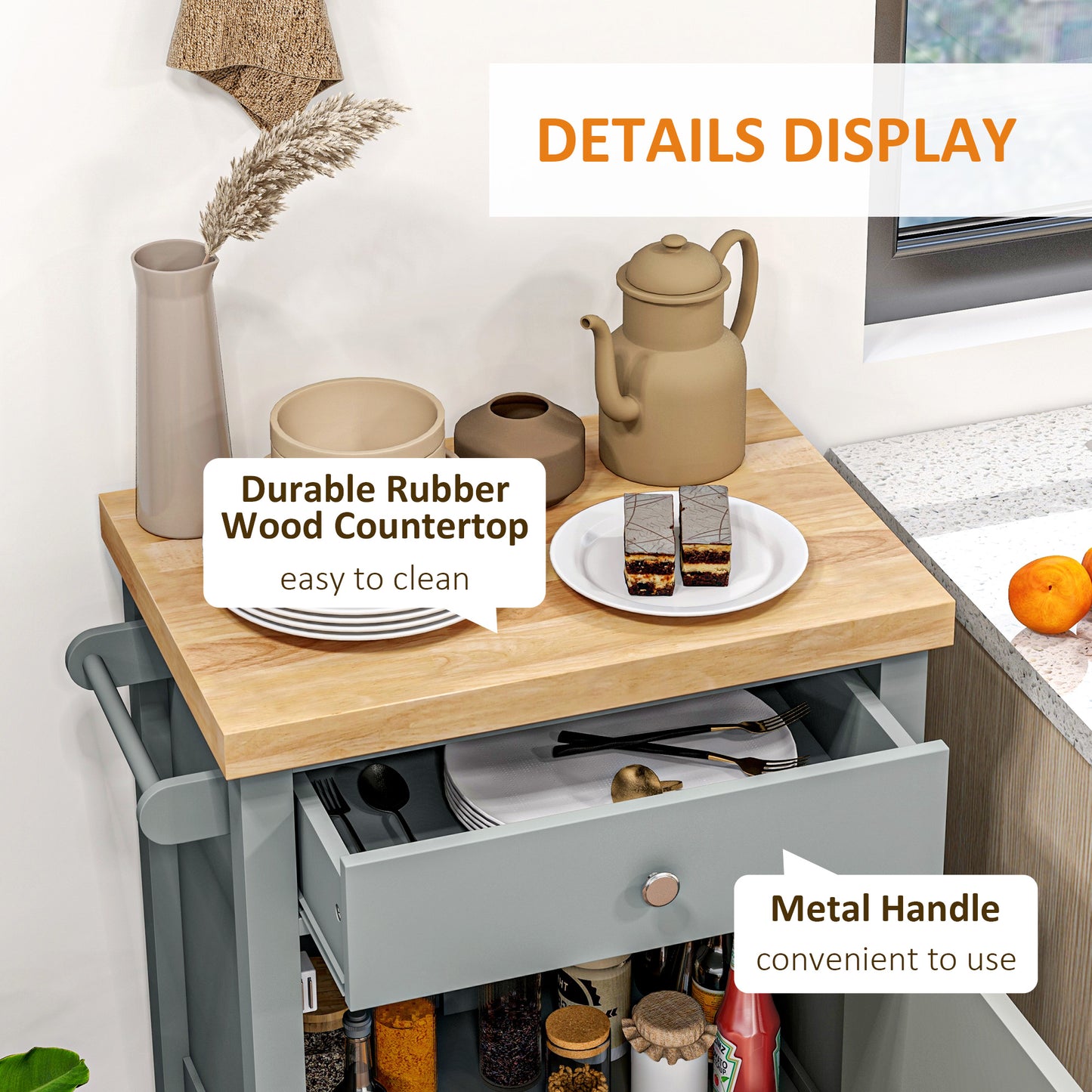 HOMCOM Kitchen Cart on Wheels, Rolling Kitchen Island Cart with Wood Top, Towel Rack, Drawer and Shelf for Dining Area, Grey