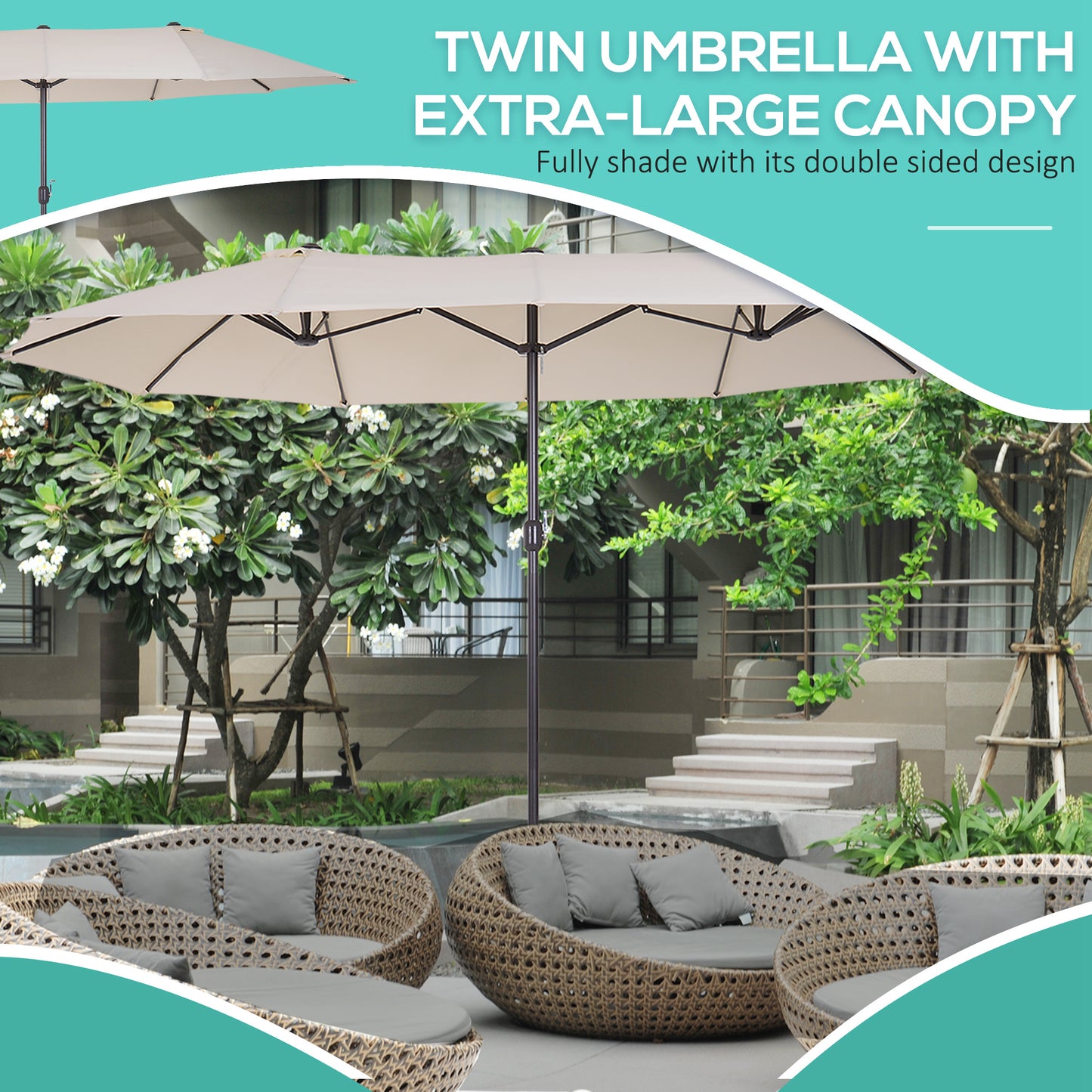 Outsunny 15' Double-Sided Patio Umbrella Parasol Sun Shelter Canopy Shade Grey