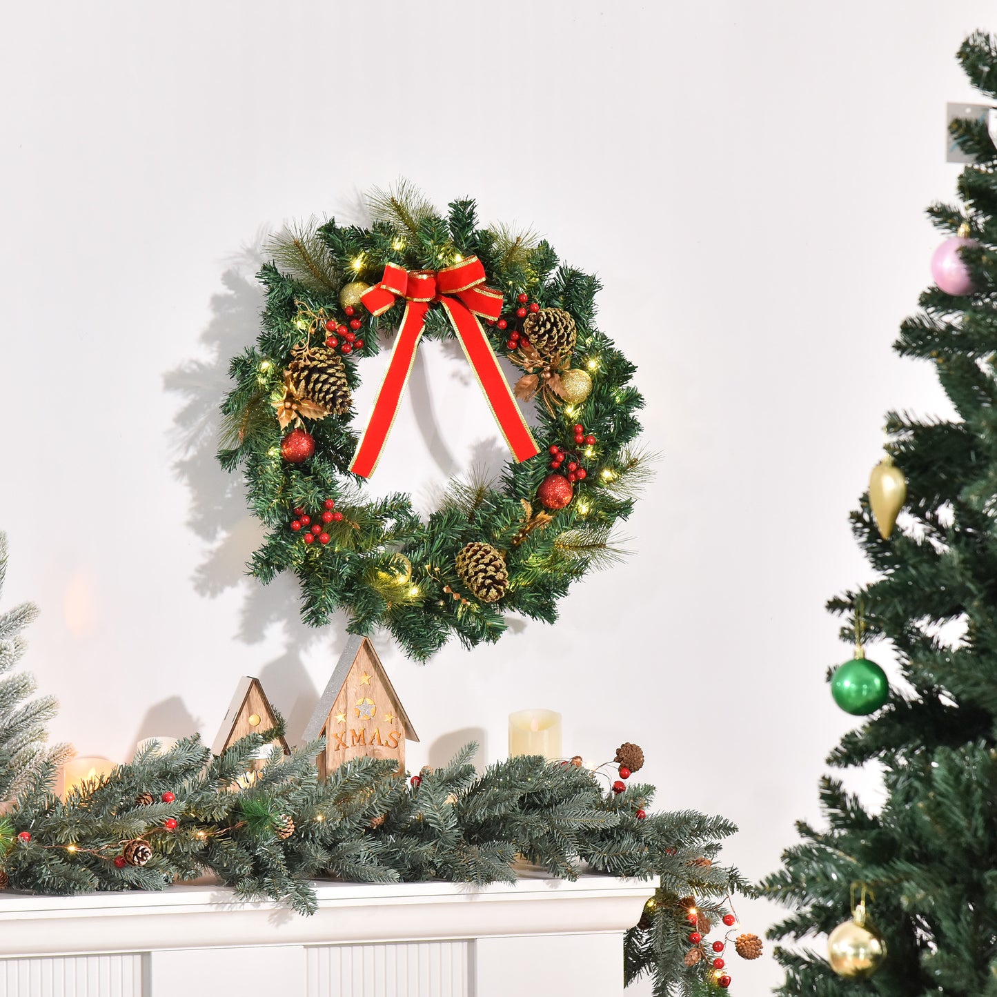 HOMCOM Christmas Wreath 24" Pre-Lit Artificial Greenery Xmas Spruce Wreath Cones Red Berries 20 LED Lights Battery Operated