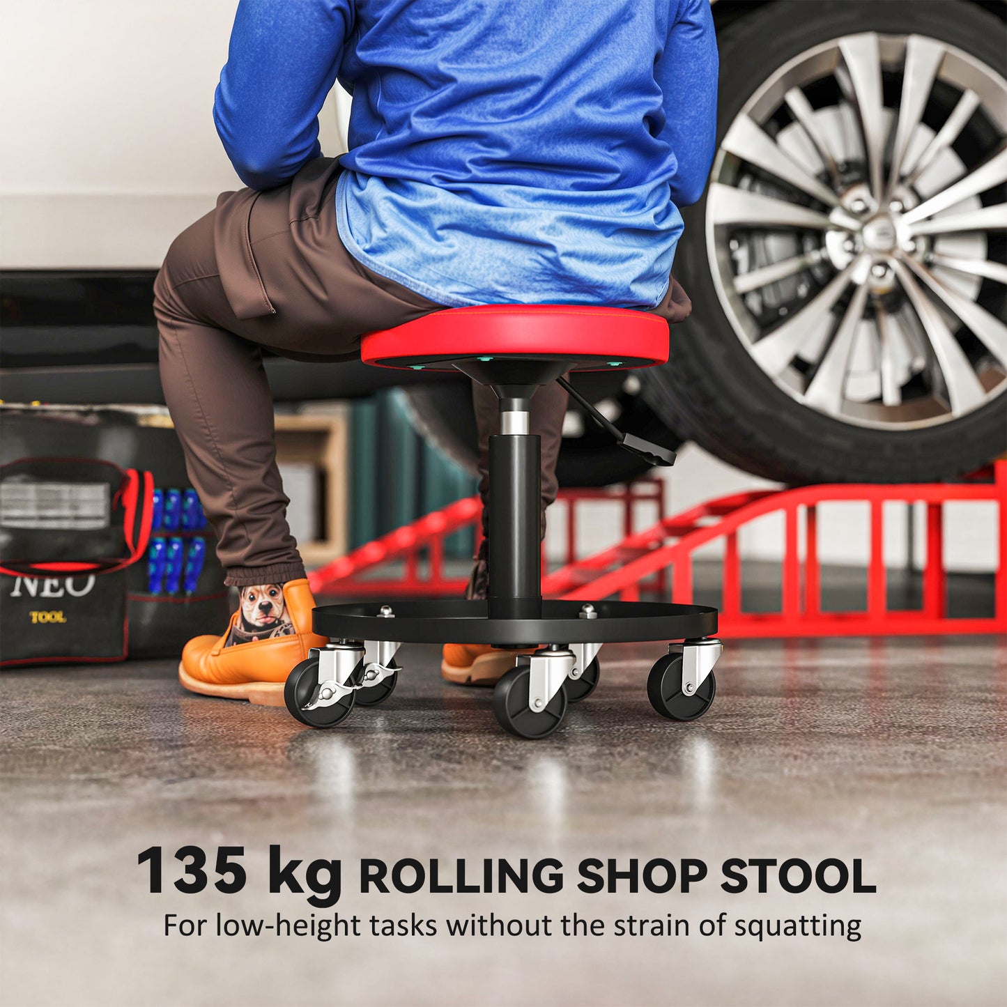 HOMCOM Rolling Garage Stool, 300 LBS Capacity Padded Mechanic Stool with 2.5" Wheels, Adjustable Height 15" -19.7", Red