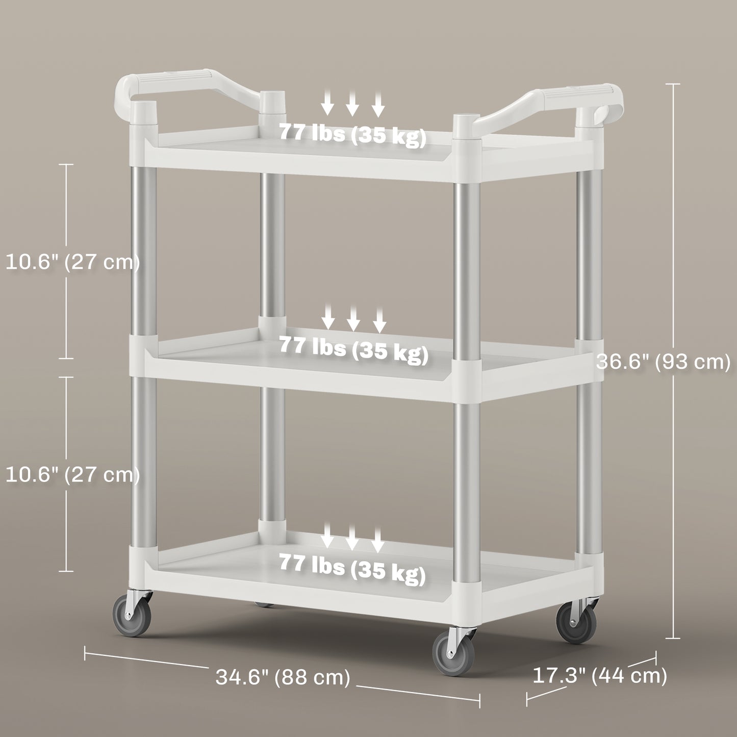 HOMCOM 3-Tier Utility Cart Large Rolling Storage Trolley with 3 Shelves Metal Clean Service Cart, Restaurant, Hotel, Livingroom, Silver and Grey
