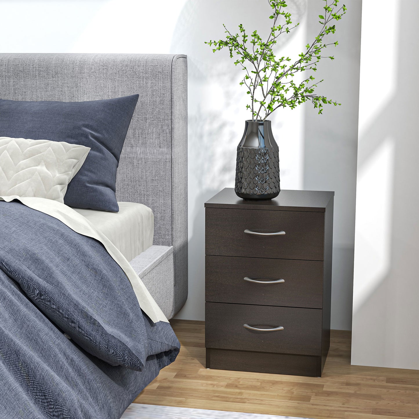 HOMCOM Bedside Table, Modern Night Stand with 3 Drawers and Metal Rail for Bedroom, Dark Brown