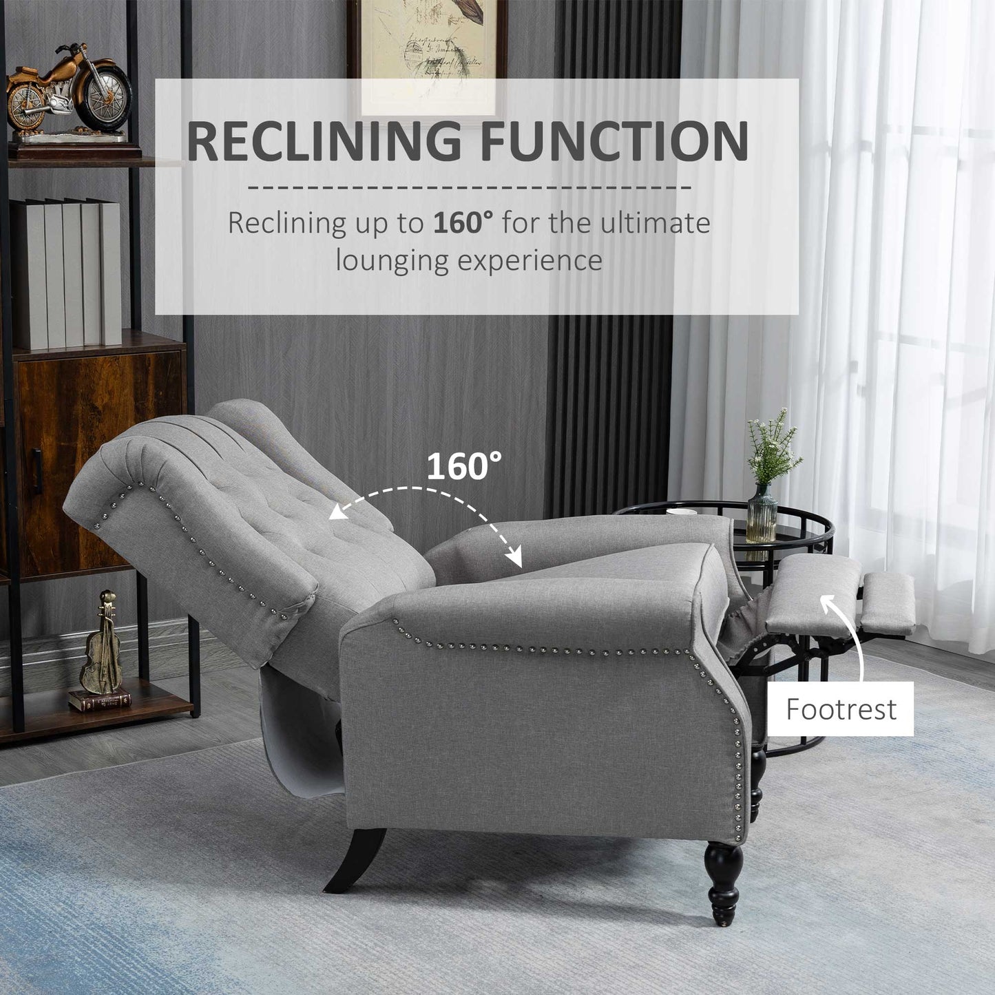 HOMCOM Wingback Reclining Chair with Footrest, Button Tufted Recliner Chair with Rolled Armrests for Living Room, Light Grey