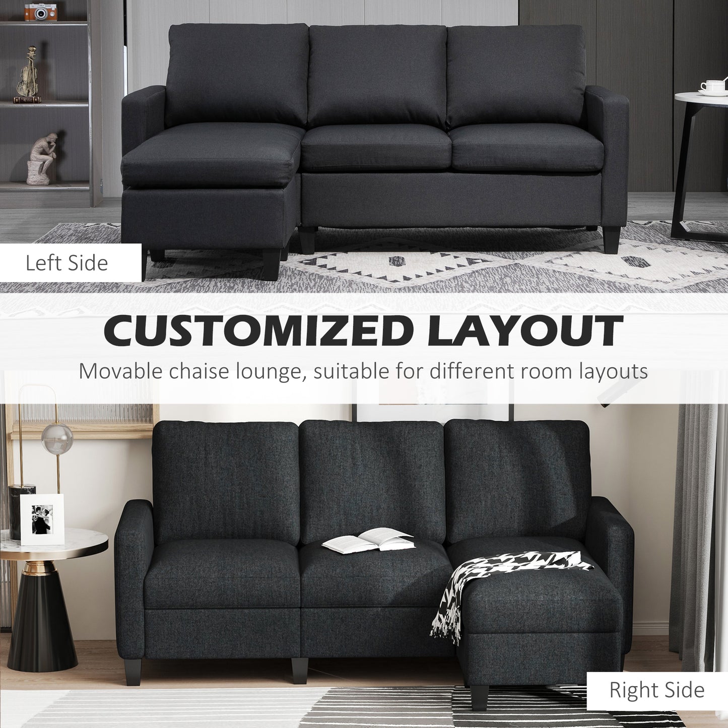 HOMCOM L-Shape Sofa, Modern Sectional Couch with Ottoman, Corner Sofa for Living Room, Dark Grey