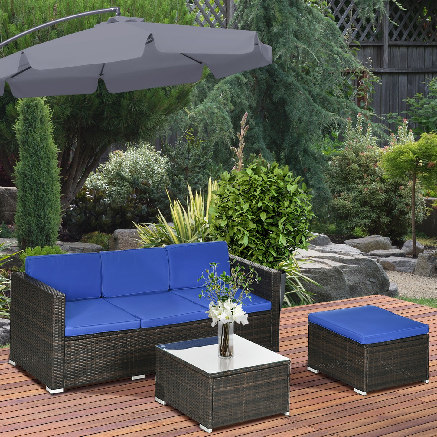 Outsunny 3 Pieces Patio Furniture Set with Cushions, Outdoor PE Rattan Wicker Conversation Corner Sofa Set with Glass Top Table and Adjustable Foot for Garden, Lawn, Cream White