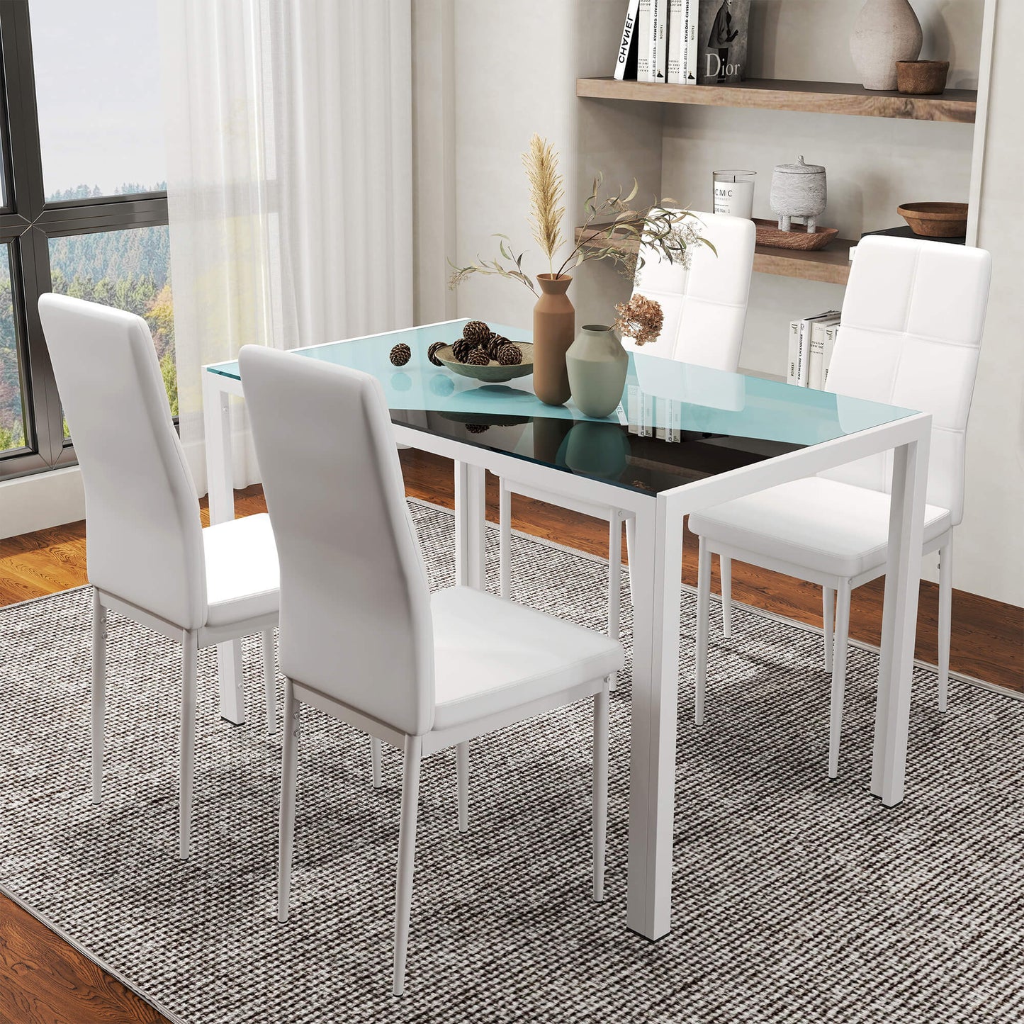HOMCOM 5-Piece Rectangular Glass Kitchen Table and Chairs with Metal Frame and Faux Leather Upholstery for Dining Room, White