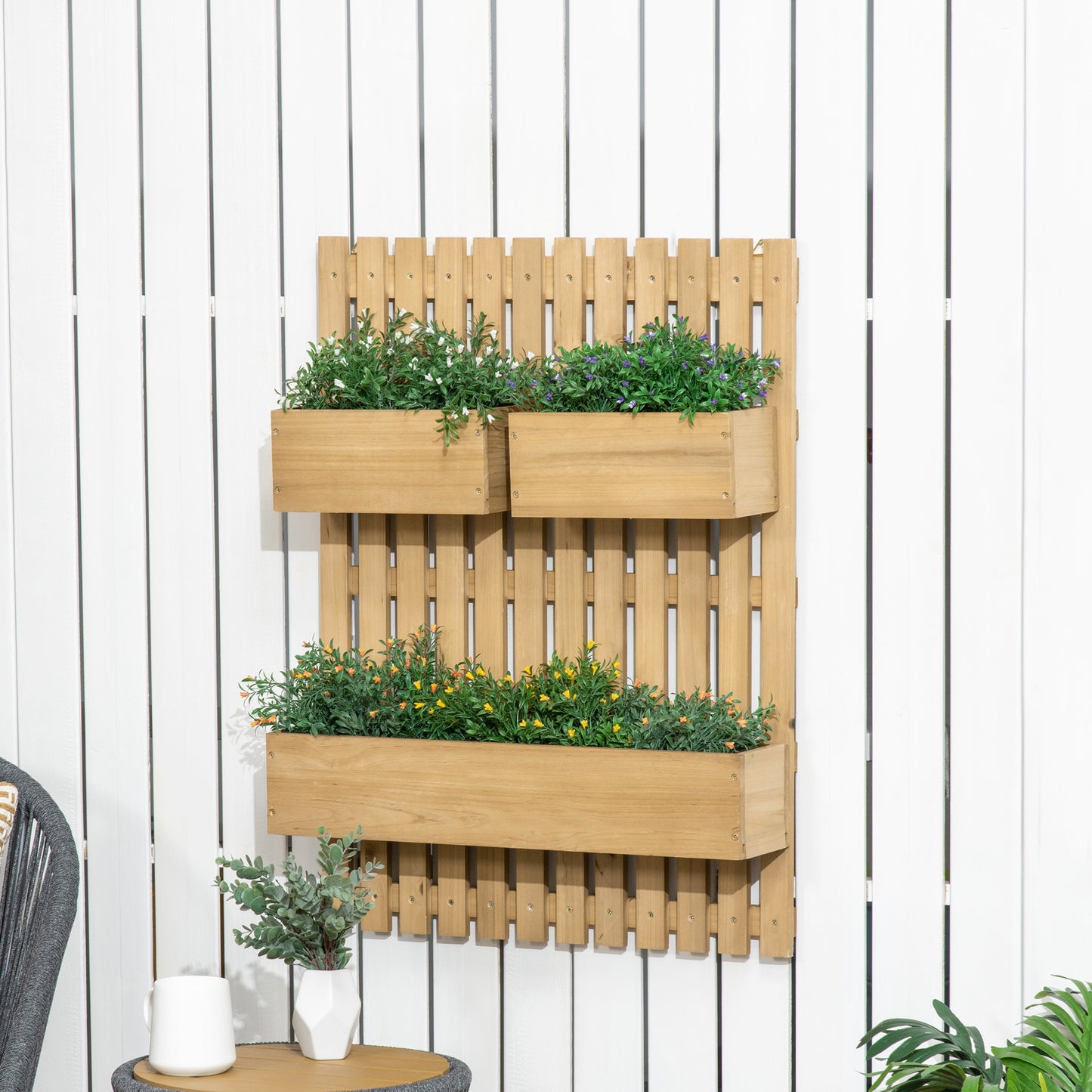 Outsunny 3 Box Raised Garden Bed with Trellis, Wall-Mounted Wood Planter Box Set with Drainage Hole for Flowers, Climbing Plants