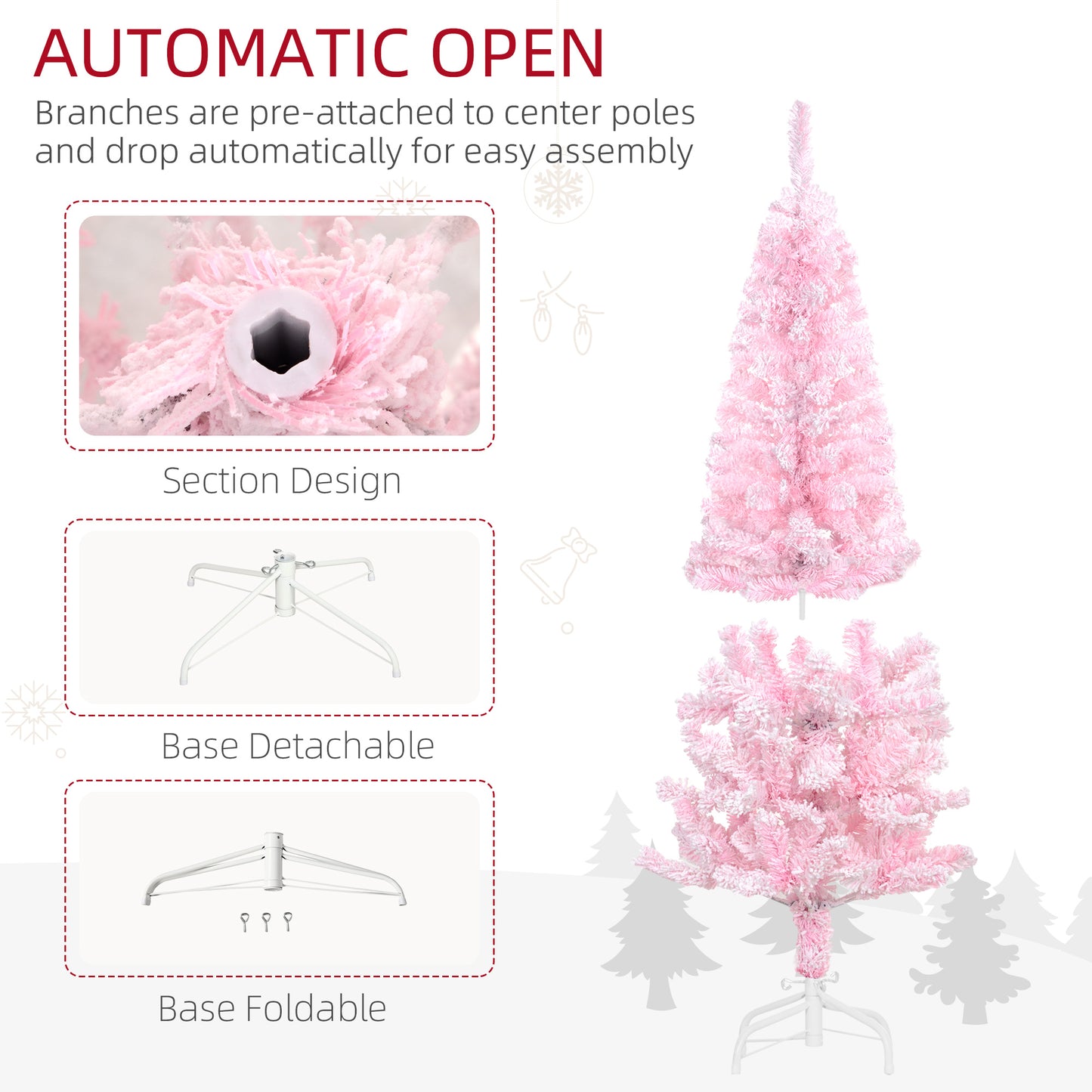 HOMCOM 7.5 FT Snow Flocked Artificial Christmas Tree, Pencil Xmas Tree with Realistic Branches, Auto Open and Steel Base, Pink