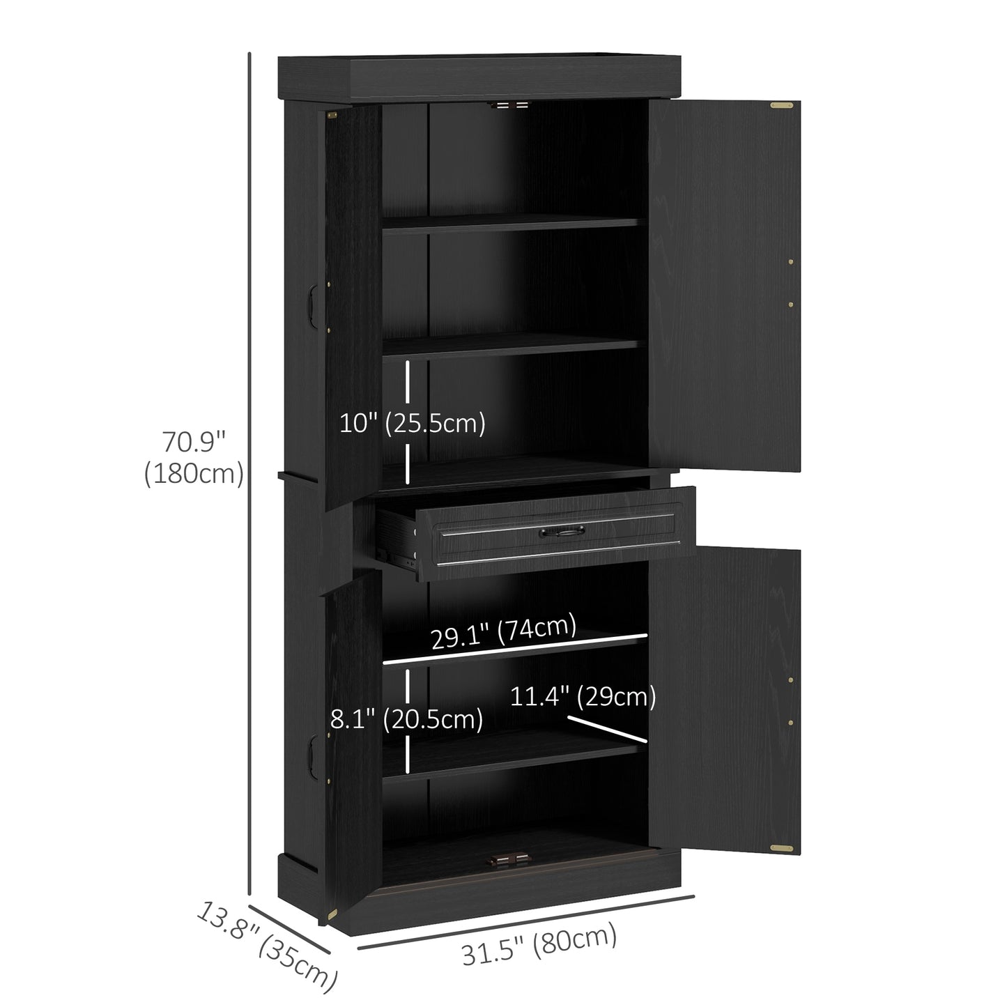 HOMCOM 71" Freestanding Kitchen Pantry with 4 Doors and 2 Cabinets, Tall Storage Cabinet for Kitchen, Distressed Coffee