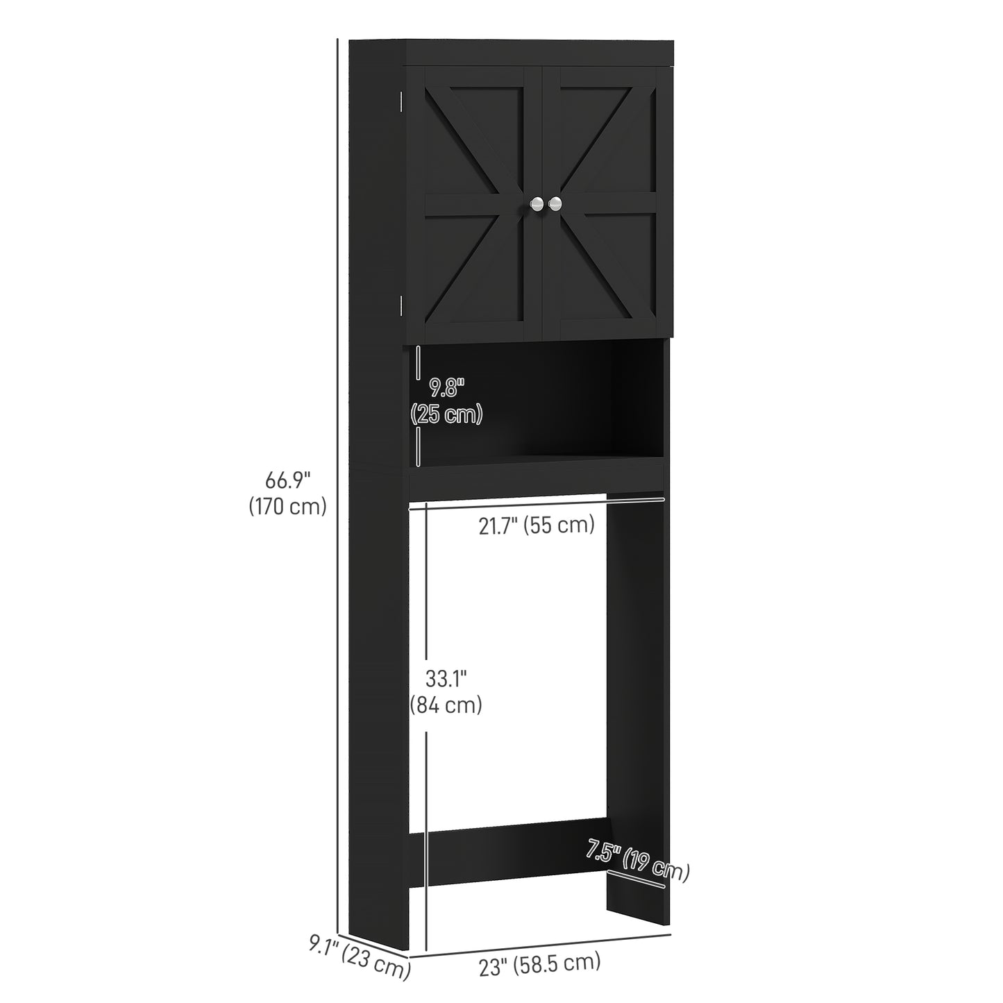 HOMCOM Over The Toilet Cabinet, Modern Bathroom Above Toilet Storage with Barn Doors and Open Shelf, Black