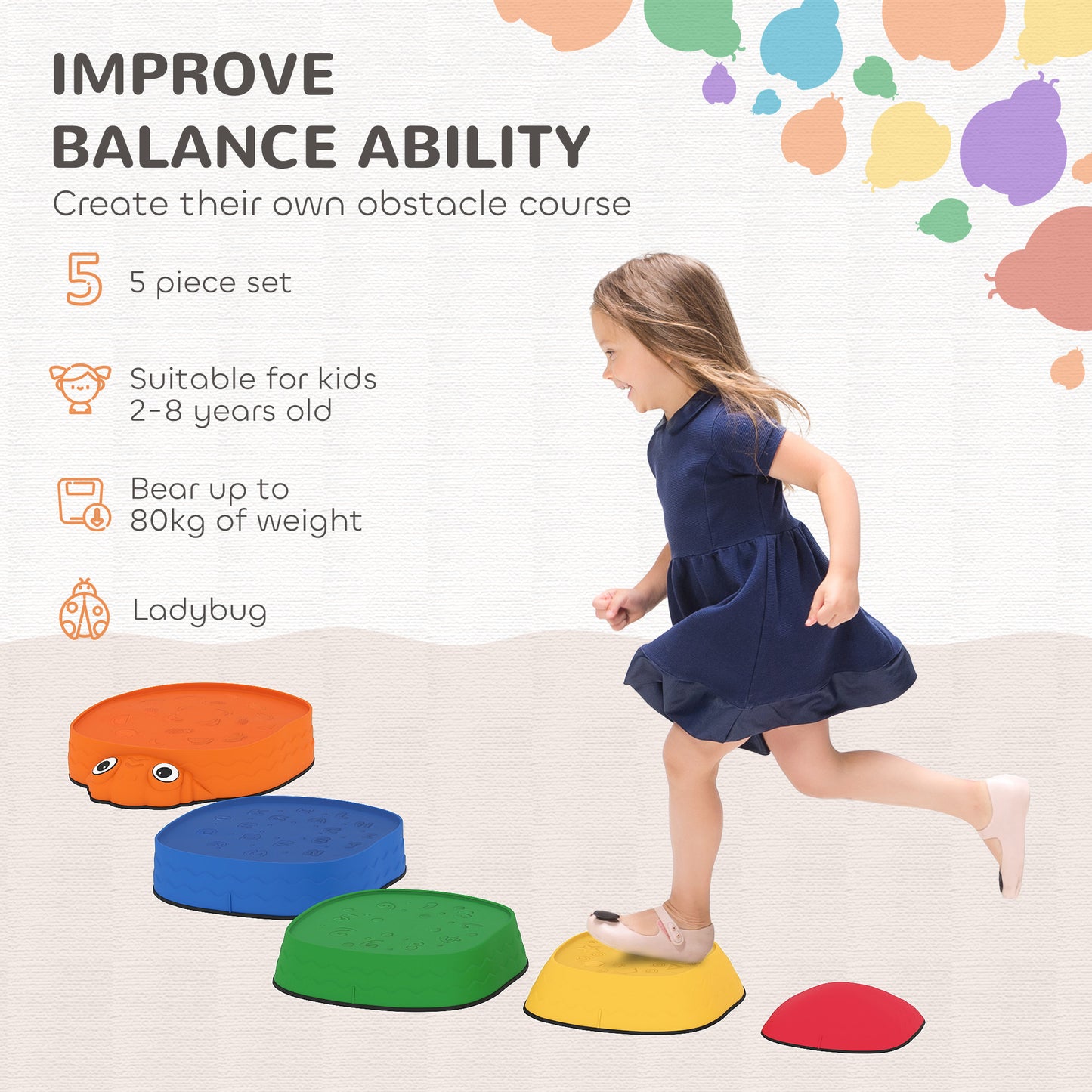 Qaba Ladybug Balance Stepping Stones for Promoting Balance Coordination and Strength, Outdoor & Indoor Obstacle Course
