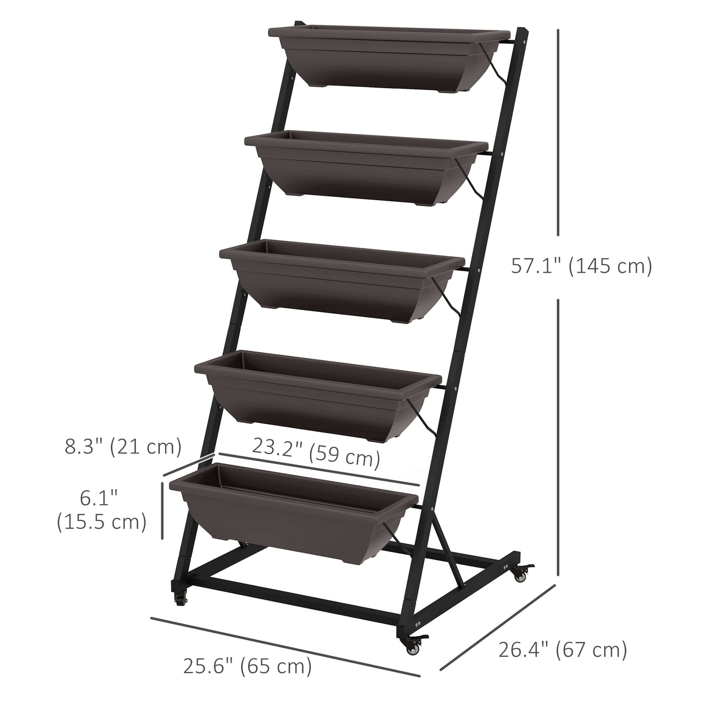Outsunny 5-Tier Vertical Raised Garden Planter with 5 Boxes, Wheels, Outdoor Plant Stand for Vegetable Flowers, Brown